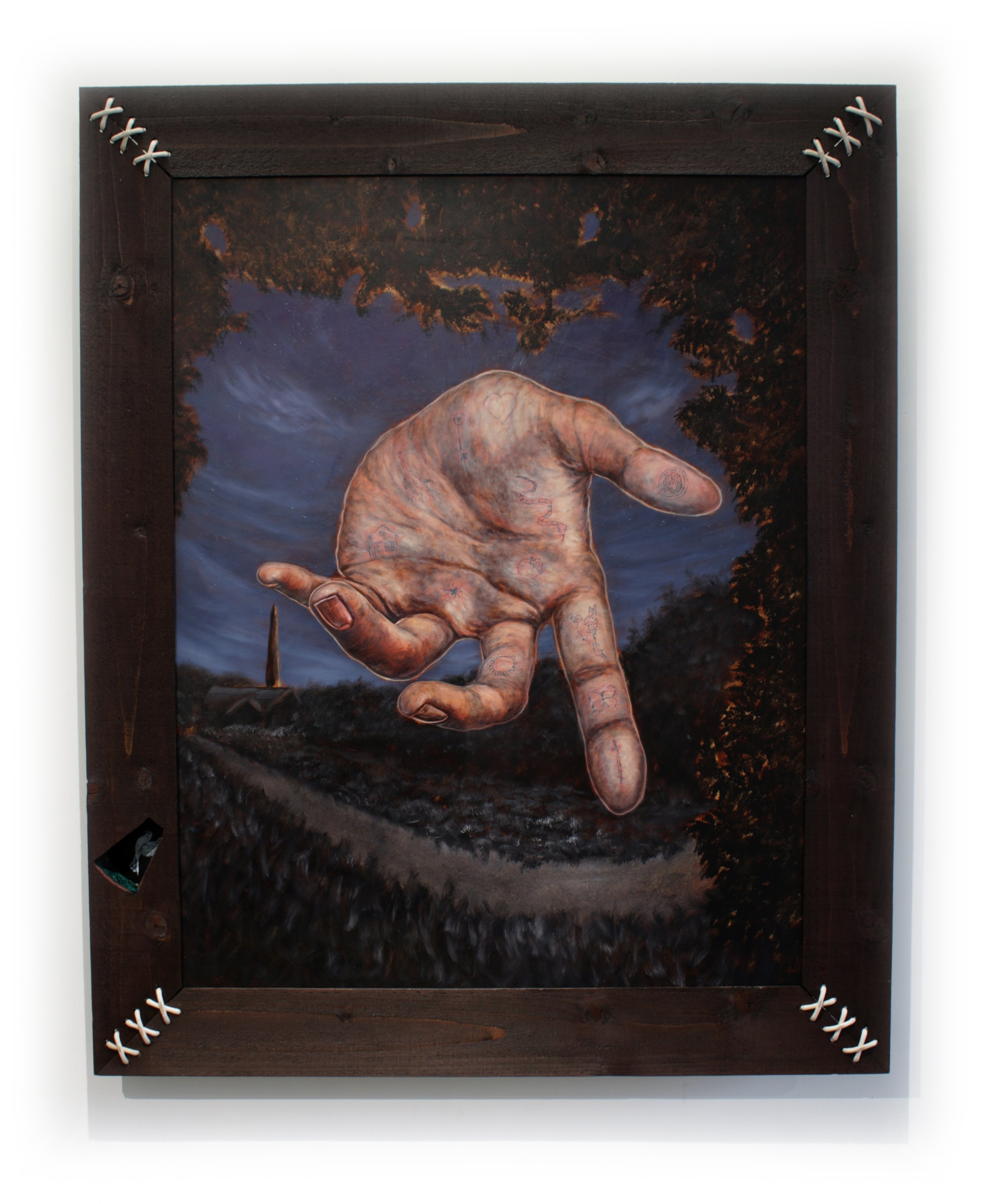 'Make friends with chaos' - oil on canvas, reclaimed wood, wheel of fortune, 10mm rope, green velvet - 1.4/1.1m - 2025/26