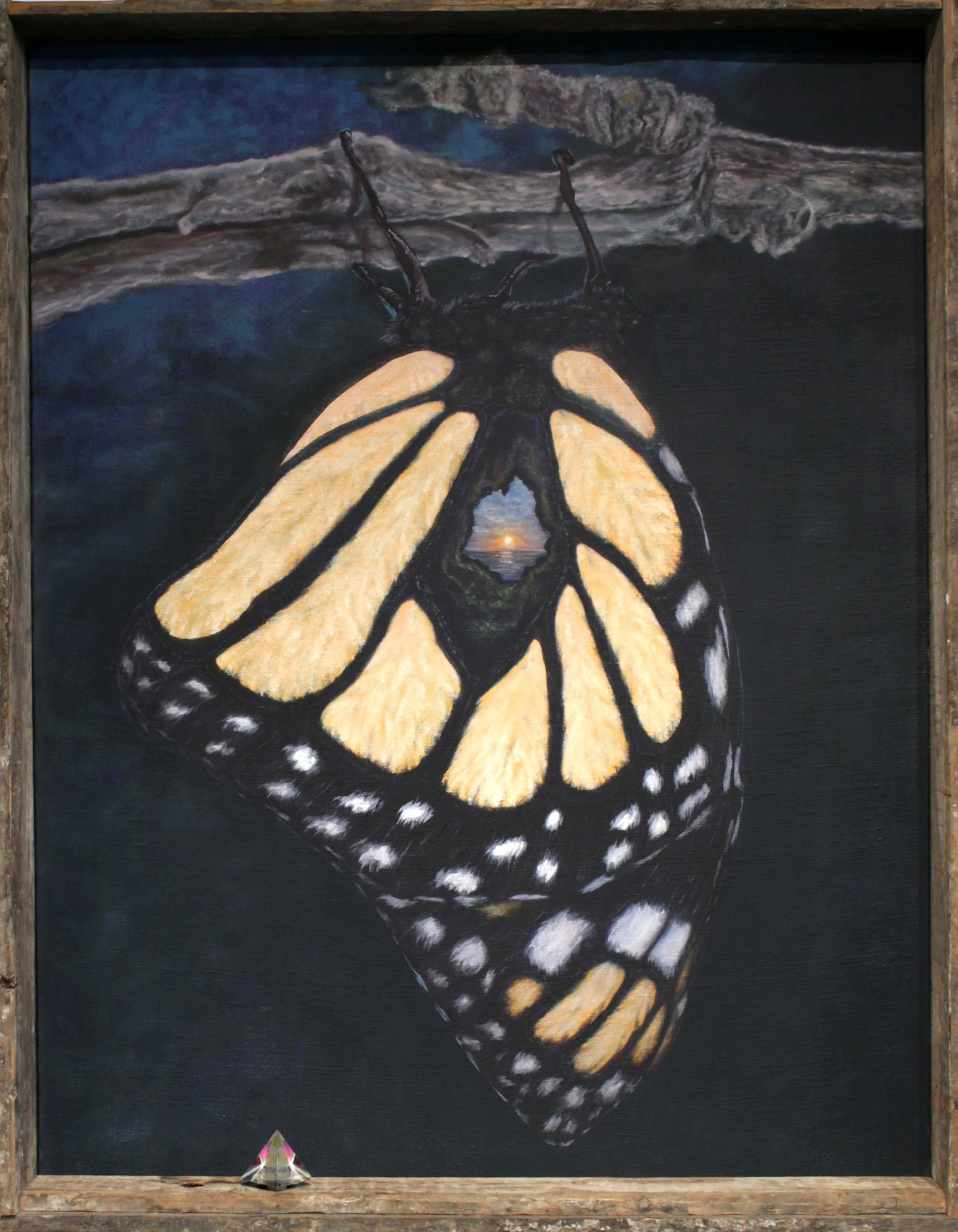 'Listen to the quiet' - oil on canvas, reclaimed floor boards, glass Buddha prism - 1.2x0.9m - 2025/26 