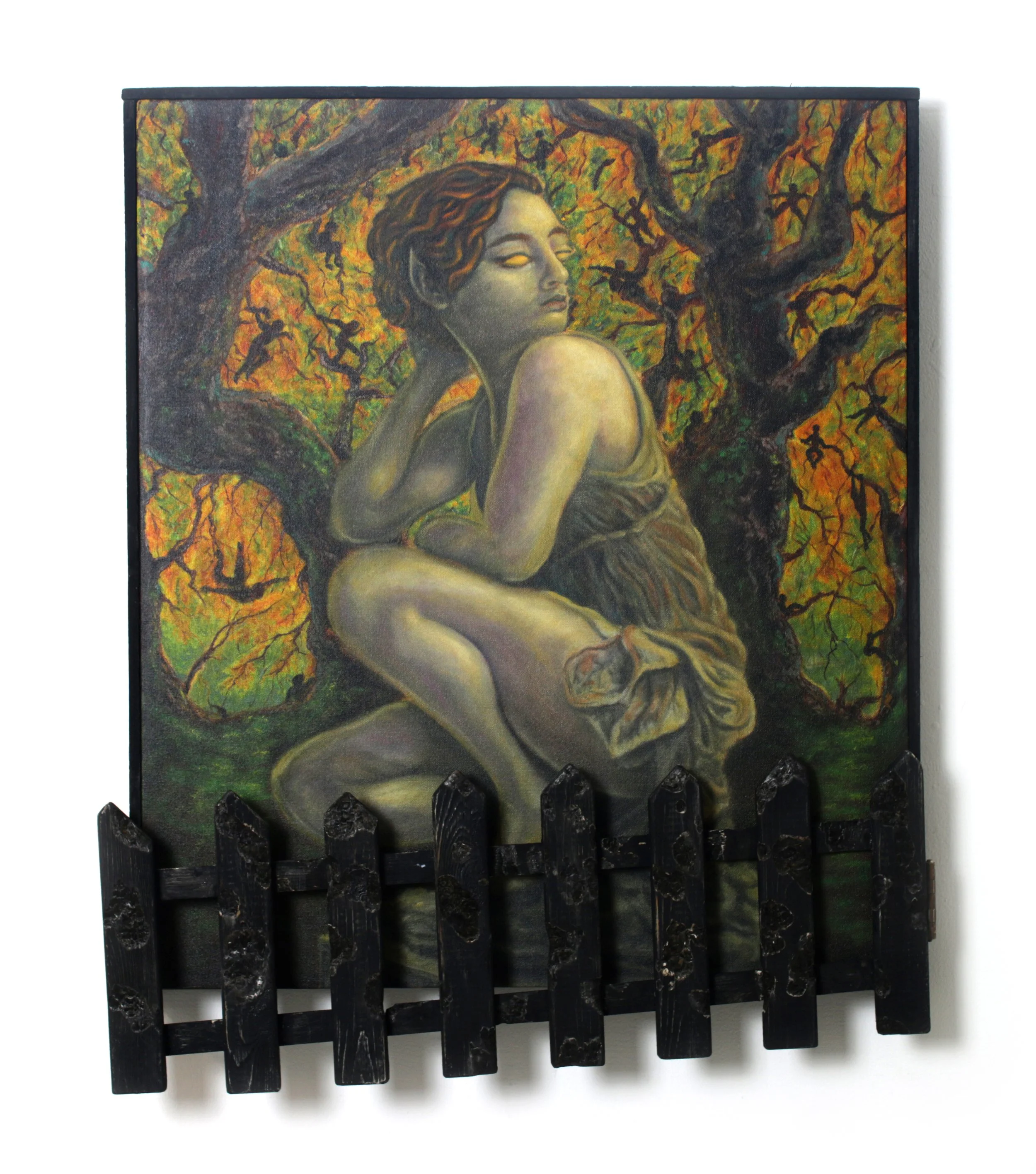 'Feel your courage' - oil on canvas, reclaimed wood, handmade scorched picket fence - 0.8x0.7m - 2025/26