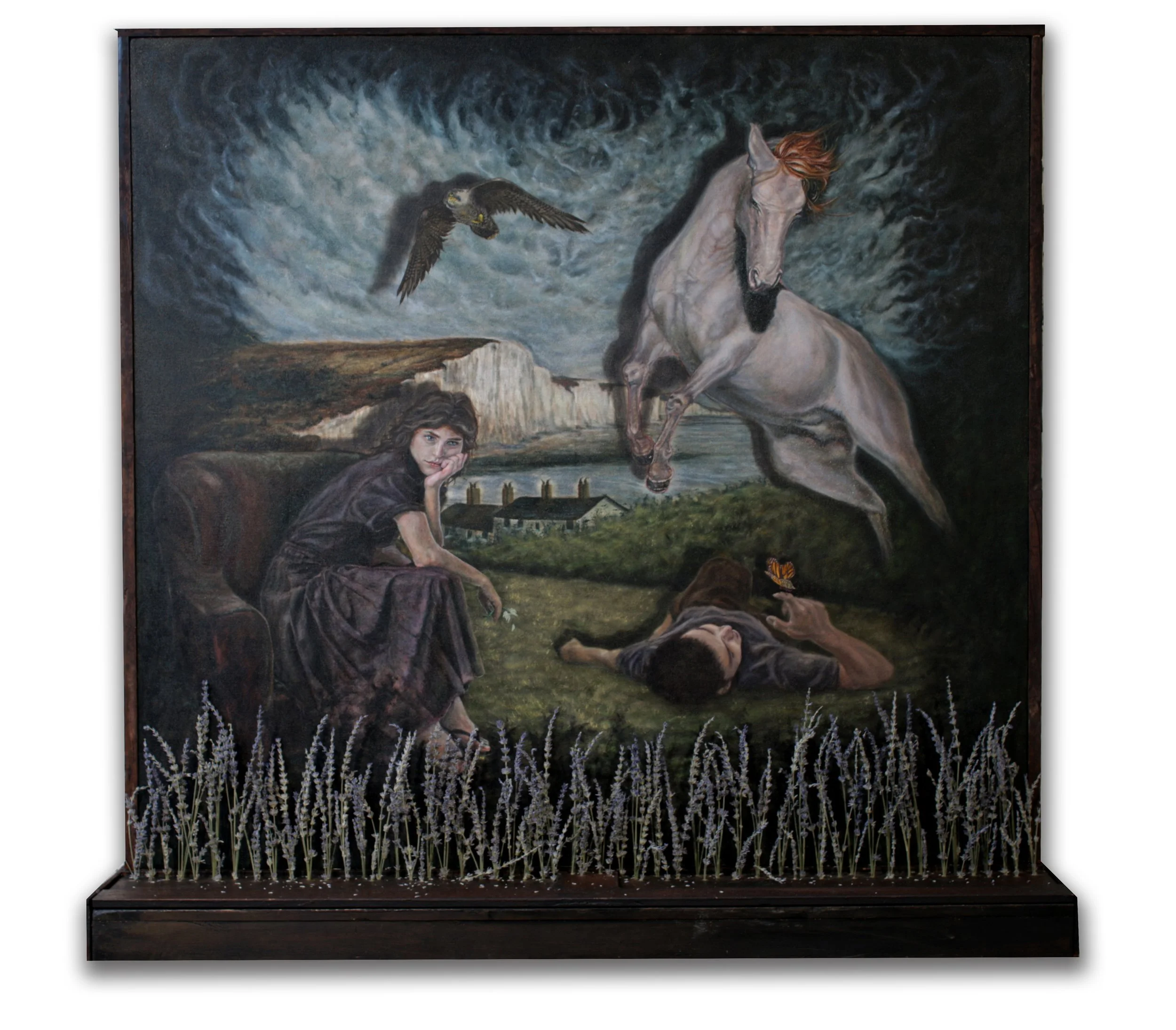 'Redemption' - oil on canvas, reclaimed wood, handmade window box, dried lavender - 1.4/1.3m - 2025/26