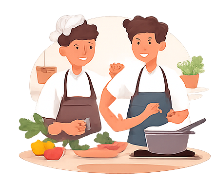 Deux chefs en train de cuisiner dans une cuisine, l'un en toque et tous deux portant un tablier, avec des ingrédients frais sur le comptoir.