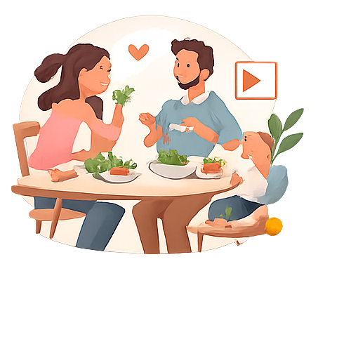 Une famille heureuse partage un repas à table, avec une femme, un homme, et un enfant, dans un décor intérieur chaleureux.