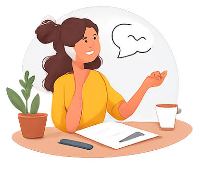 Une femme avec un masque facial, discutant lors d'une visioconférence, assise à un bureau avec une plante, un stylo, un smartphone, un carnet, une tasse, et un ordinateur portable.