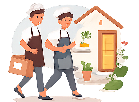 Deux jeunes hommes en tenue de cuisine marchant vers une maison avec des plantes et des sacs de jardinage.