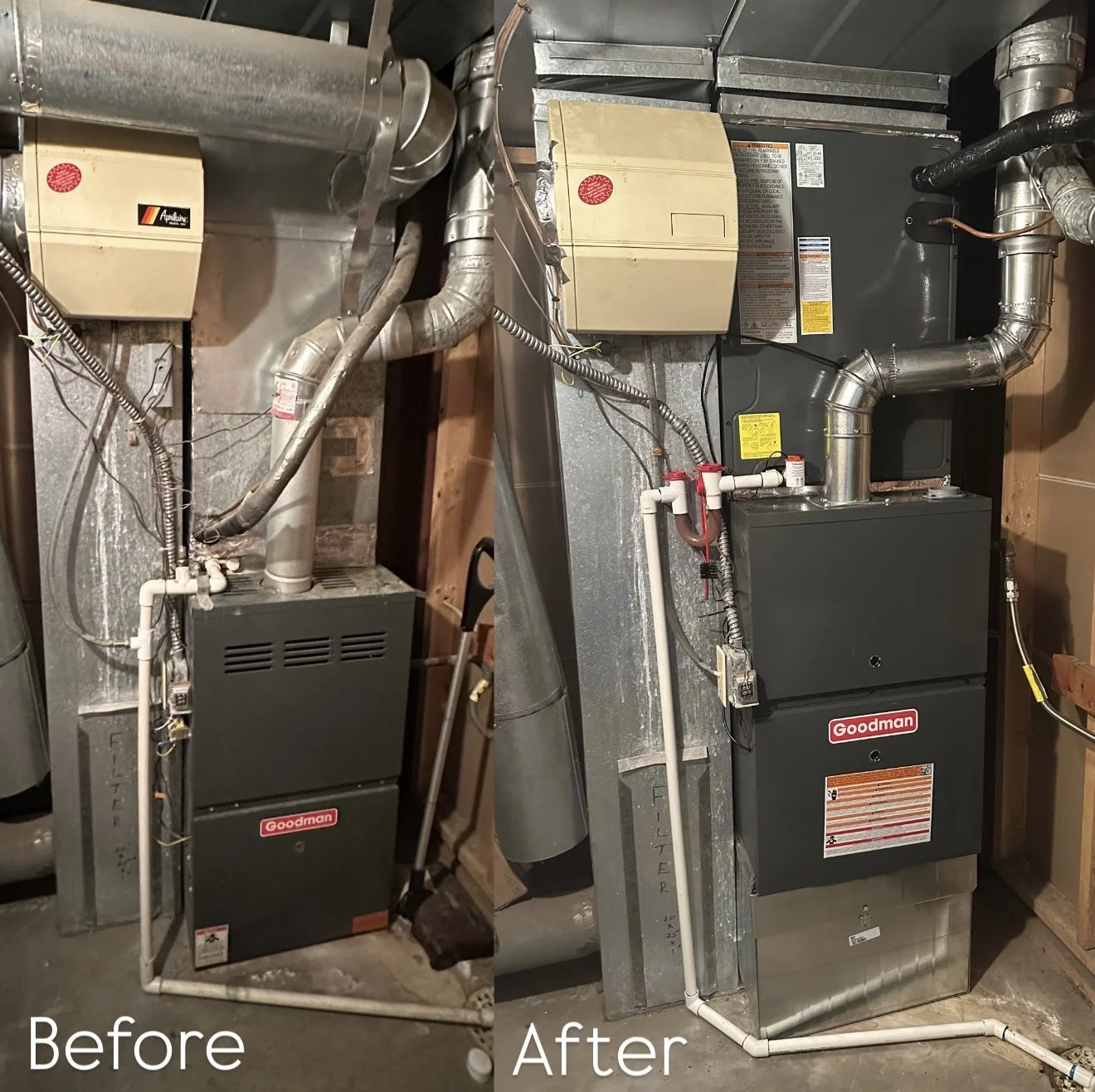 Side-by-side images showing a furnace before and after cleaning and repair. The left 'Before' image depicts a dusty and cluttered furnace area with worn pipes. The right 'After' image shows a clean, professionally repaired furnace with updated piping