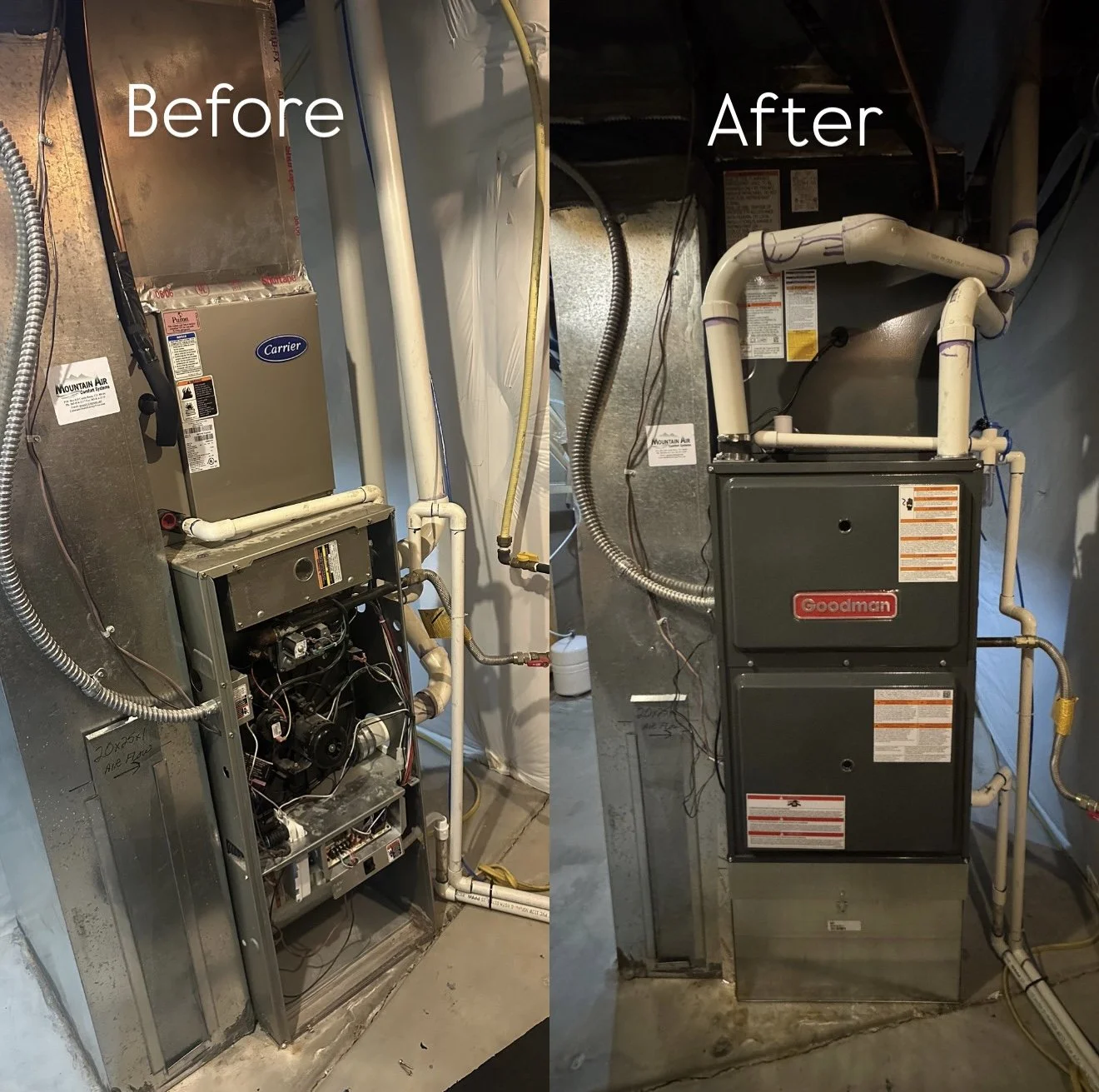 Comparison of a furnace before and after repair or replacement. The left side shows an old, open furnace with exposed components, and the right side displays a new, closed, and more streamlined furnace.