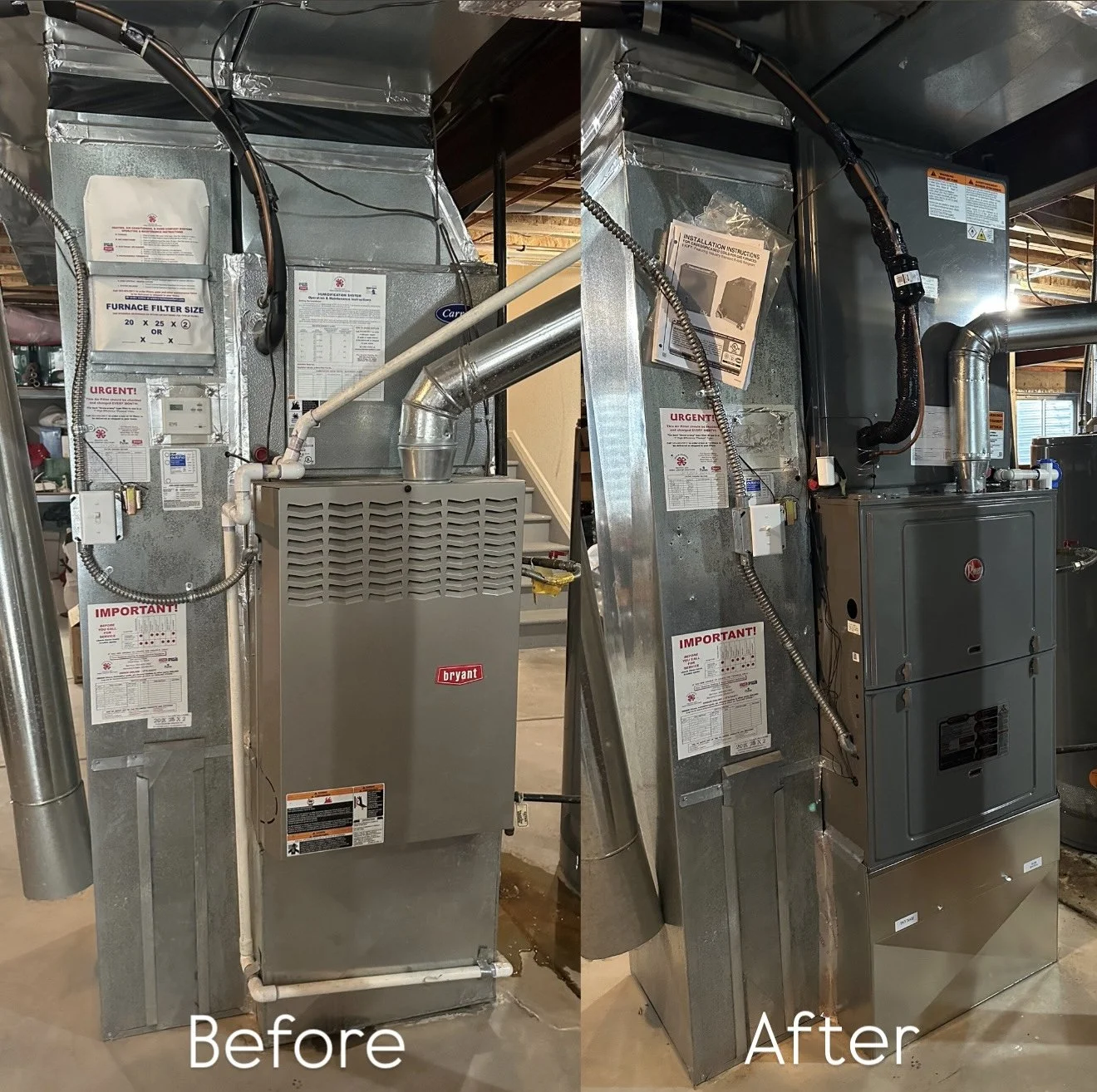 Comparison of furnace and HVAC systems before and after replacement, showing the old worn-out furnace on the left and the new modern HVAC unit on the right.