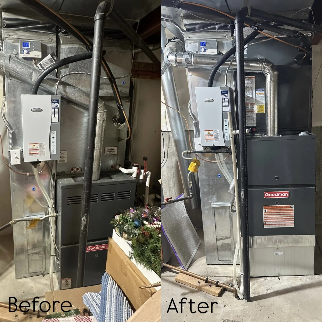 Comparison of a furnace or HVAC system installation before and after upgrade, showing the equipment's appearance and setup change.