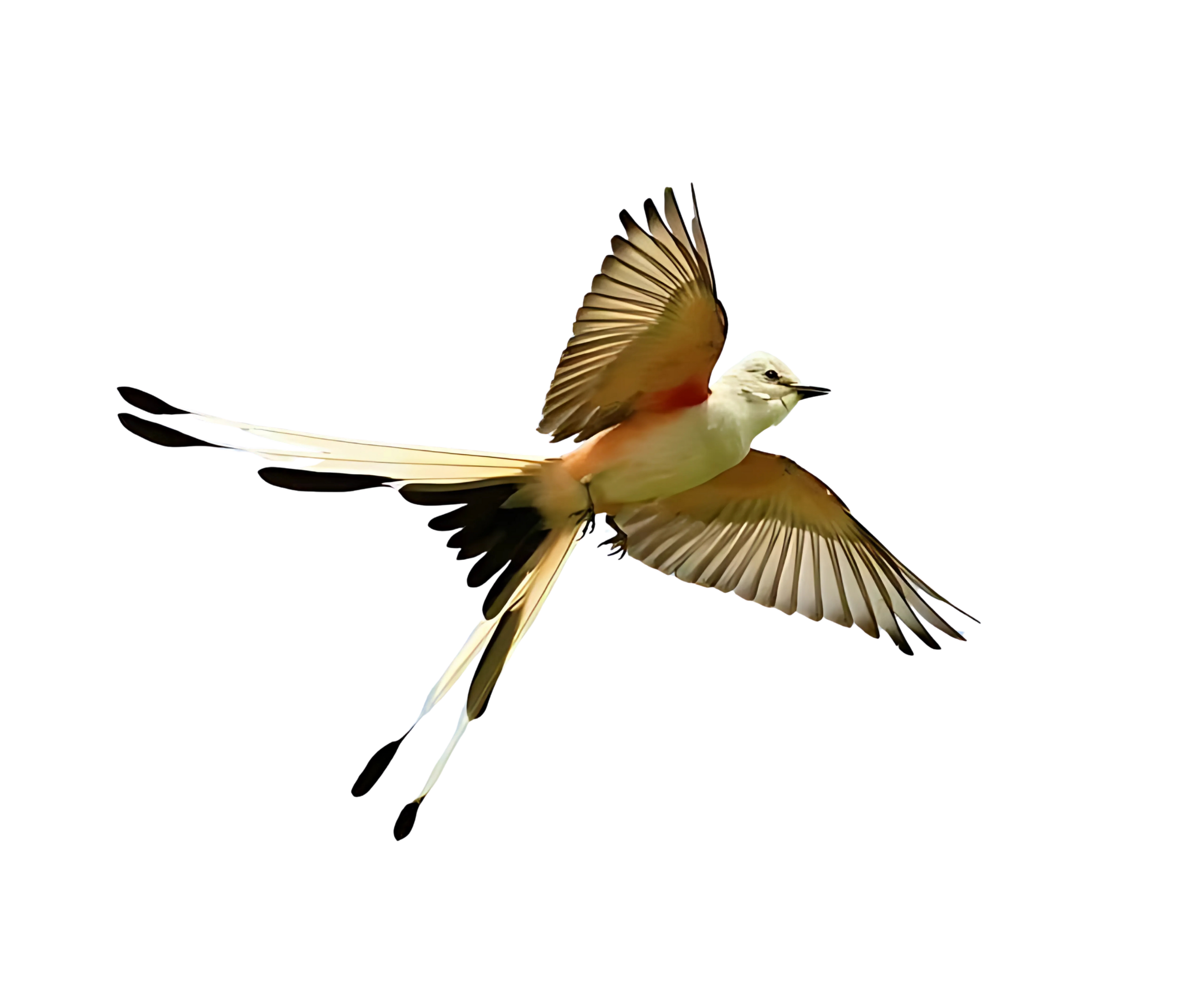 A scissortail in flight with its wings spread wide, showing a mix of brown, white, and black feathers, against a transparent background.