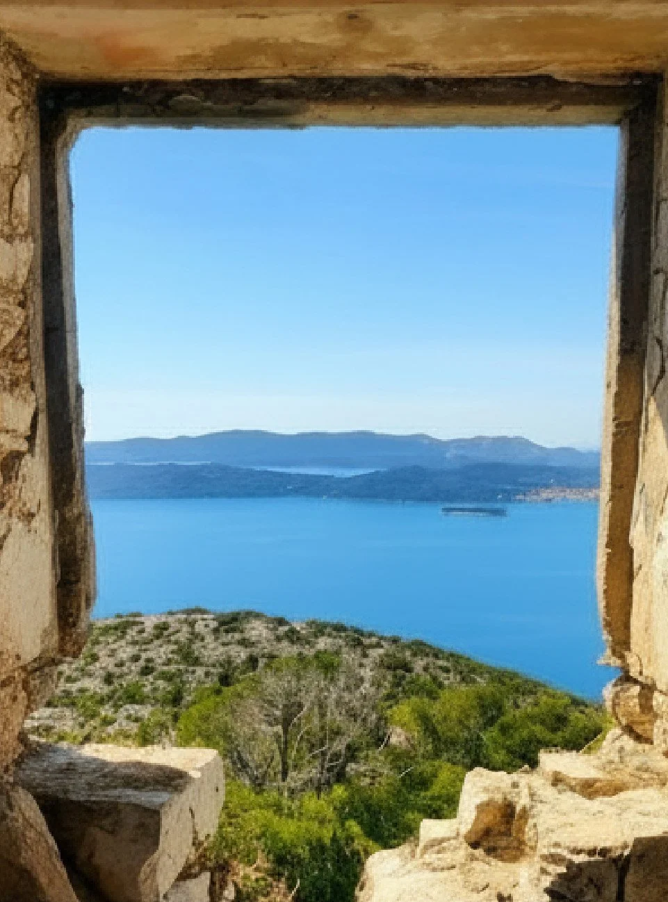 Scenic view of the Adriatic sea and islands through a historic stone window frame near Zadar.