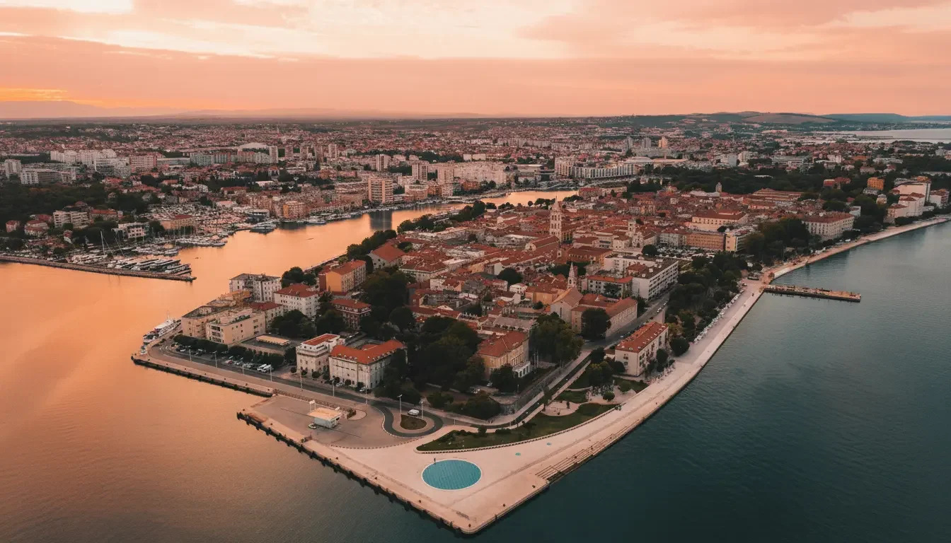 Aerial view of Zadar old town peninsula at sunrise, showing the historic city center and the Adriatic Sea in the early morning light.