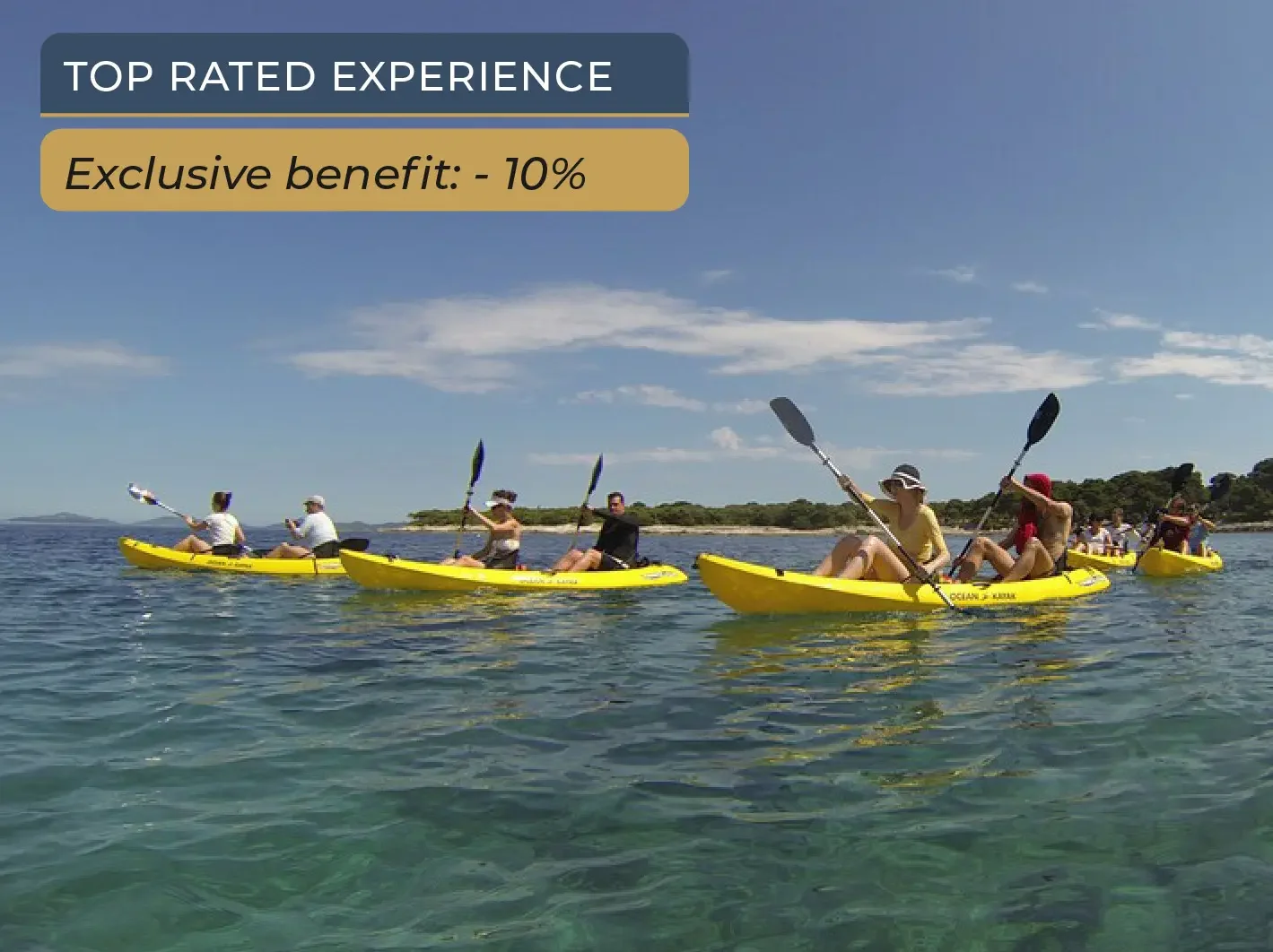 Guided sea kayak adventure at sunset in Zadar archipelago.
