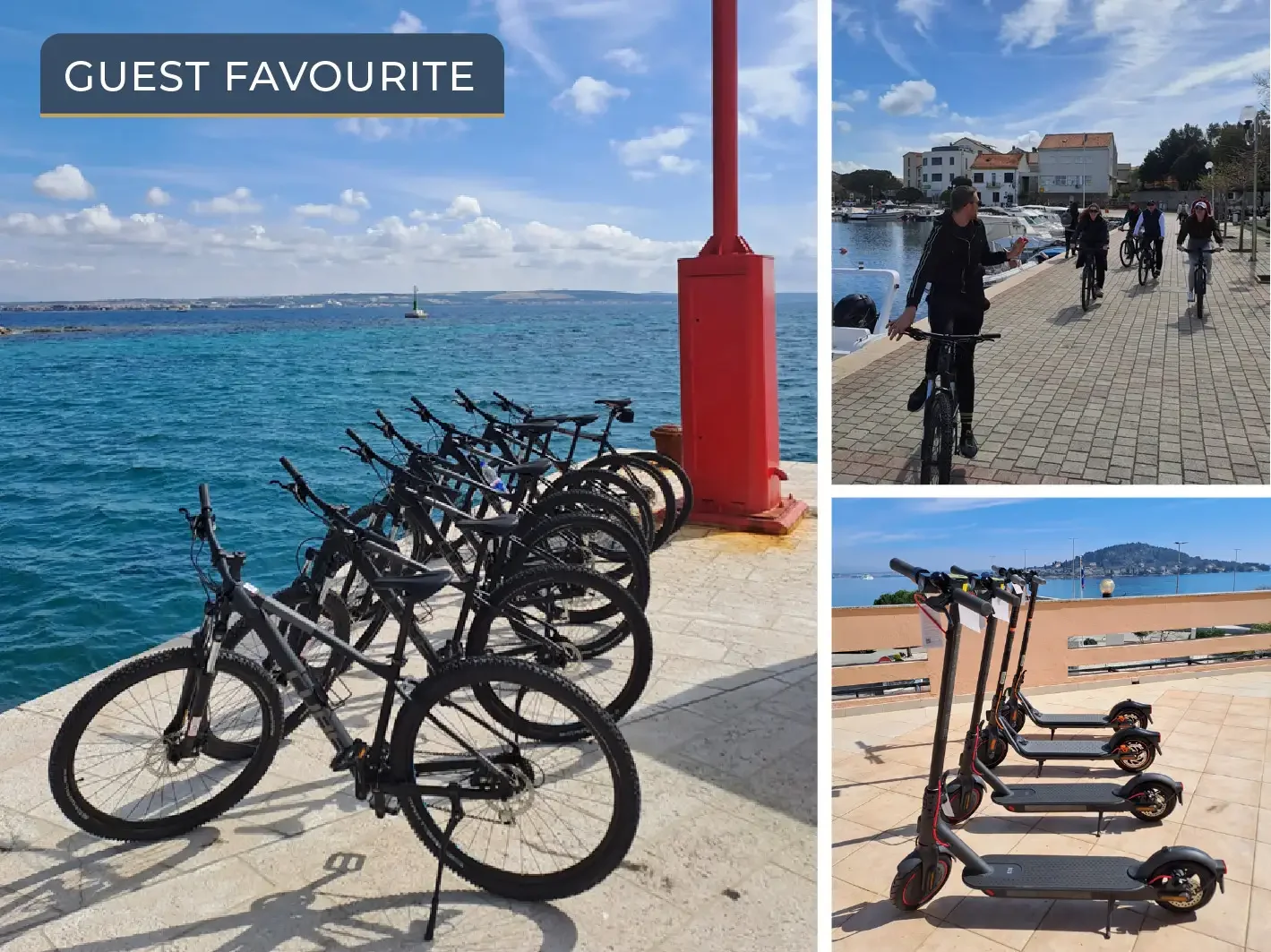 Photo collage of Koncept2 rental service in Preko on Ugljan Island, showing mountain bikes by the sea, people cycling, and e-scooters ready for rent with a Guest Favourite badge.