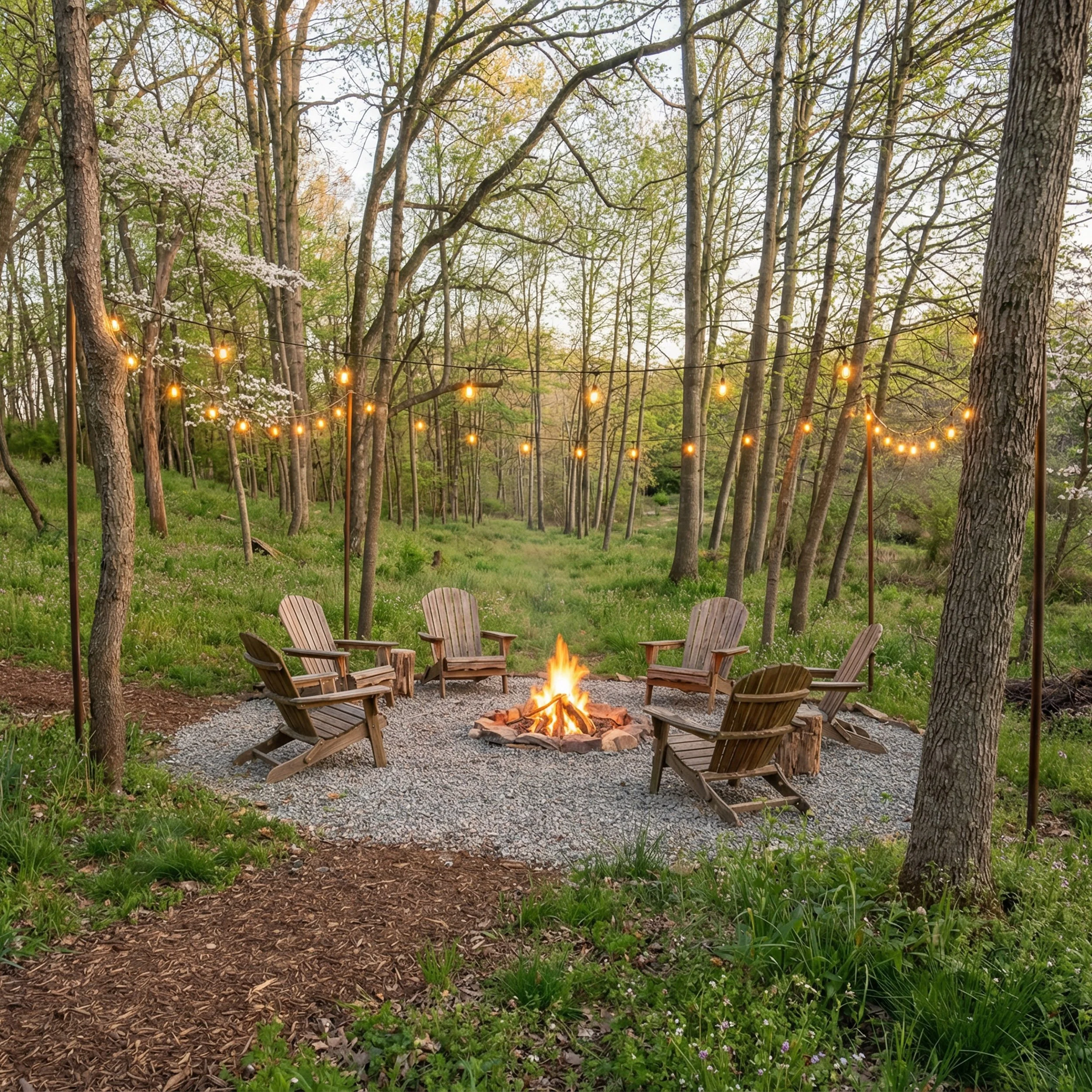 Outdoor campfire circle with five wooden chairs surrounding a fire pit, string lights hanging overhead, and a wooded forest in the background during dusk.