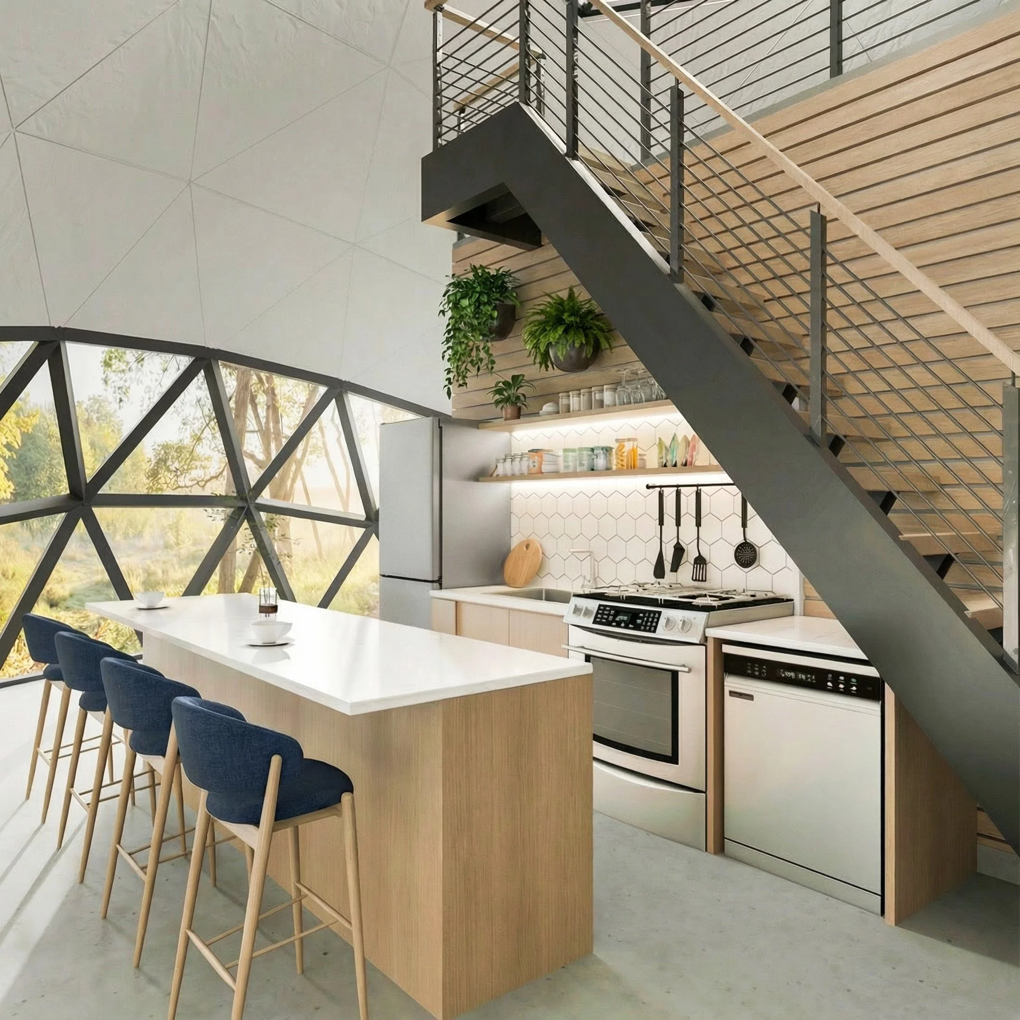 Modern kitchen with white island counter, four blue chairs, stainless steel appliances, open shelves with dishes, hanging utensils, potted plants, large windows, wooden staircase, and geometric window design.