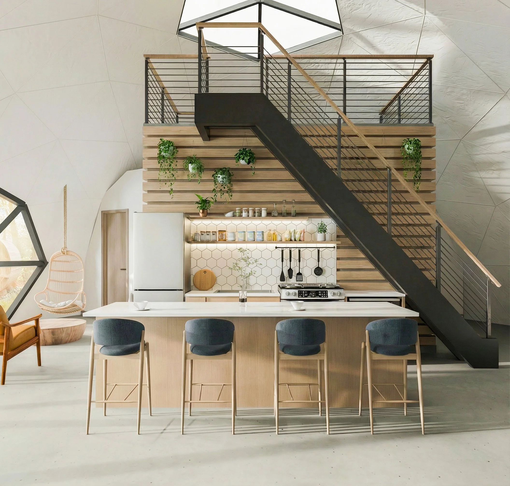 Modern kitchen with a large island, four chairs, open shelves with jars, plants hanging on a wooden wall, and a black staircase leading to a second-floor balcony.