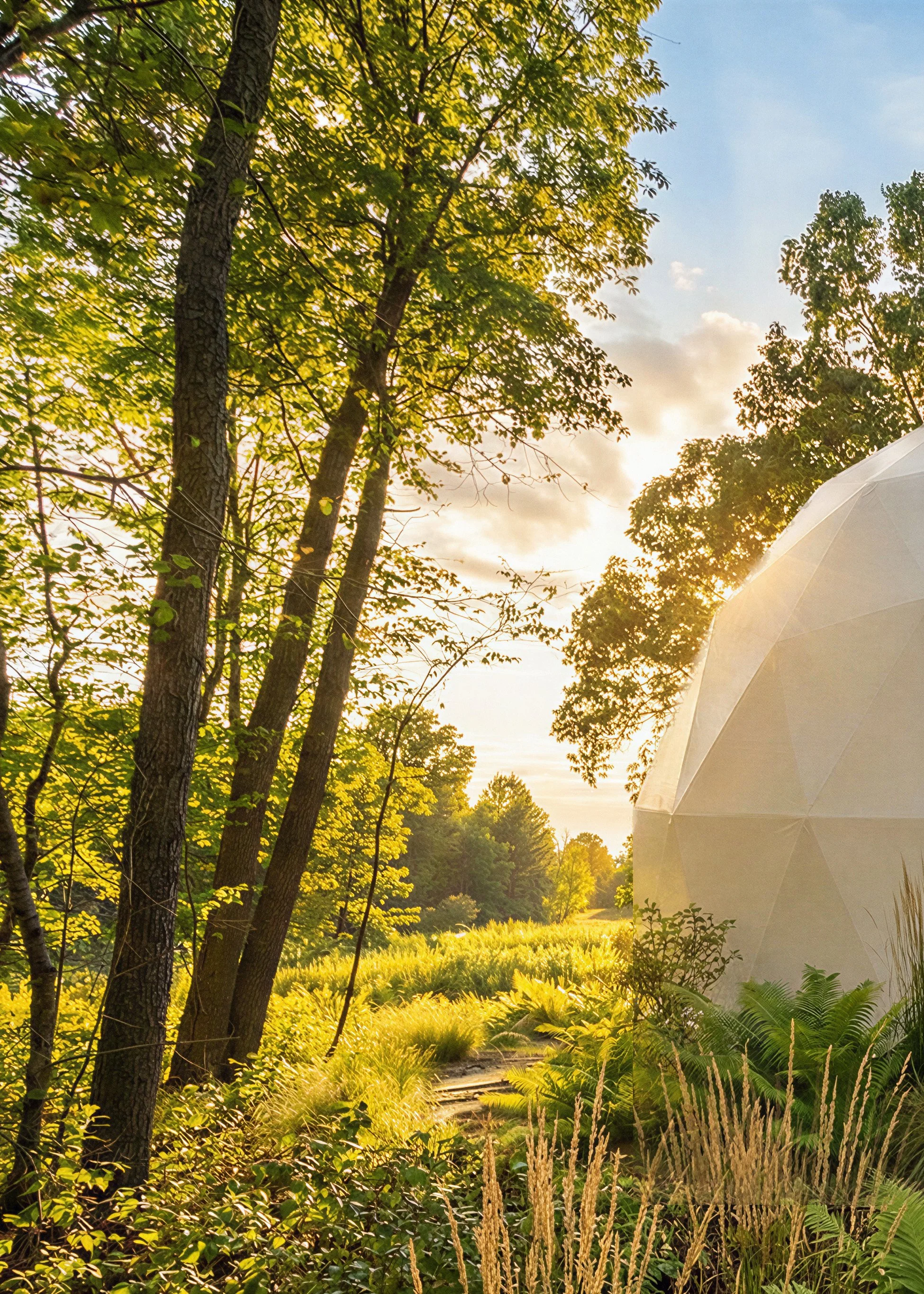 A scenic outdoor landscape with trees, sunlight, a pathway, and a large white tent or geodesic dome on the right