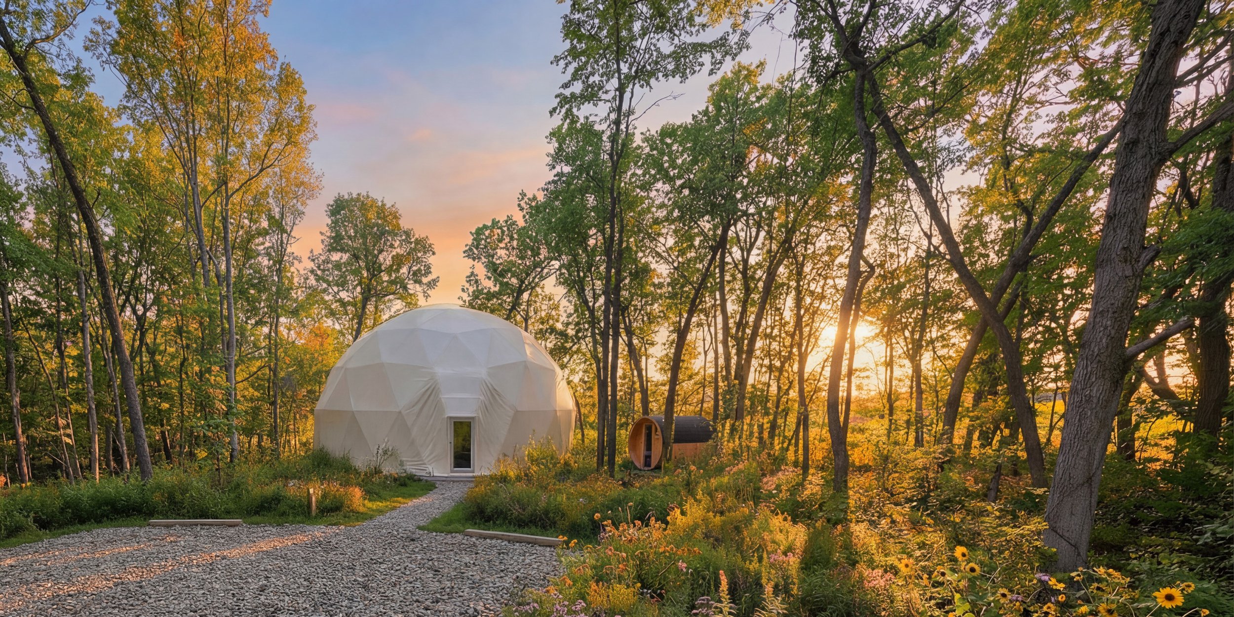 A white geodesic dome house in a forest with tall trees, a gravel path leading to the entrance, and a small wooden structure nearby at sunset.
