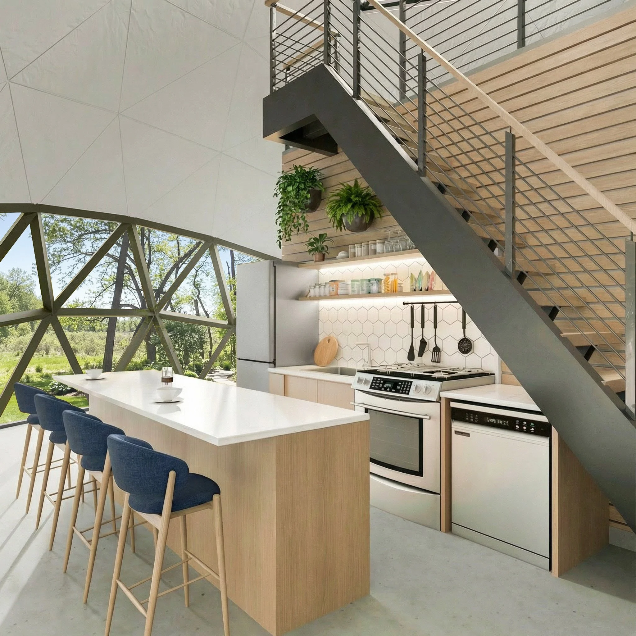 Modern kitchen with a white island counter and blue bar stools, wooden cabinets, stainless steel appliances, and a geometric window wall with a view of greenery outdoors.