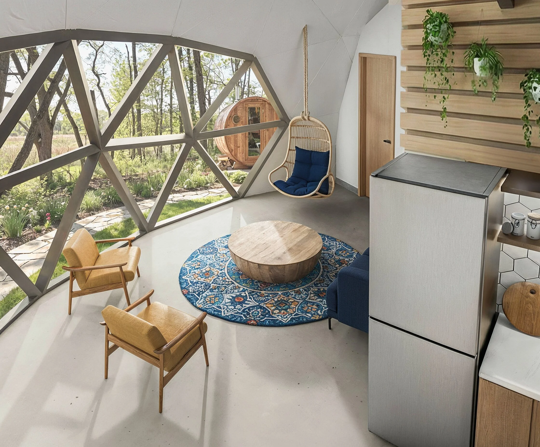 Interior of a modern, eco-friendly tiny home with large geodesic window, view of outdoor garden and small wood sauna, sitting area with yellow and blue chairs, round wooden coffee table, hanging wicker swing with cushion, and a small kitchen area with white refrigerator and wooden accents.