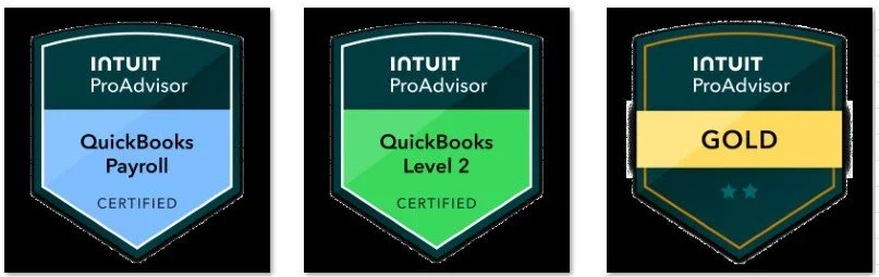 Three badge icons for QuickBooks certifications. The first badge is blue and labeled 'QuickBooks Payroll.' The second badge is green and says 'QuickBooks Level 2.' The third badge is gold and marked 'GOLD.'