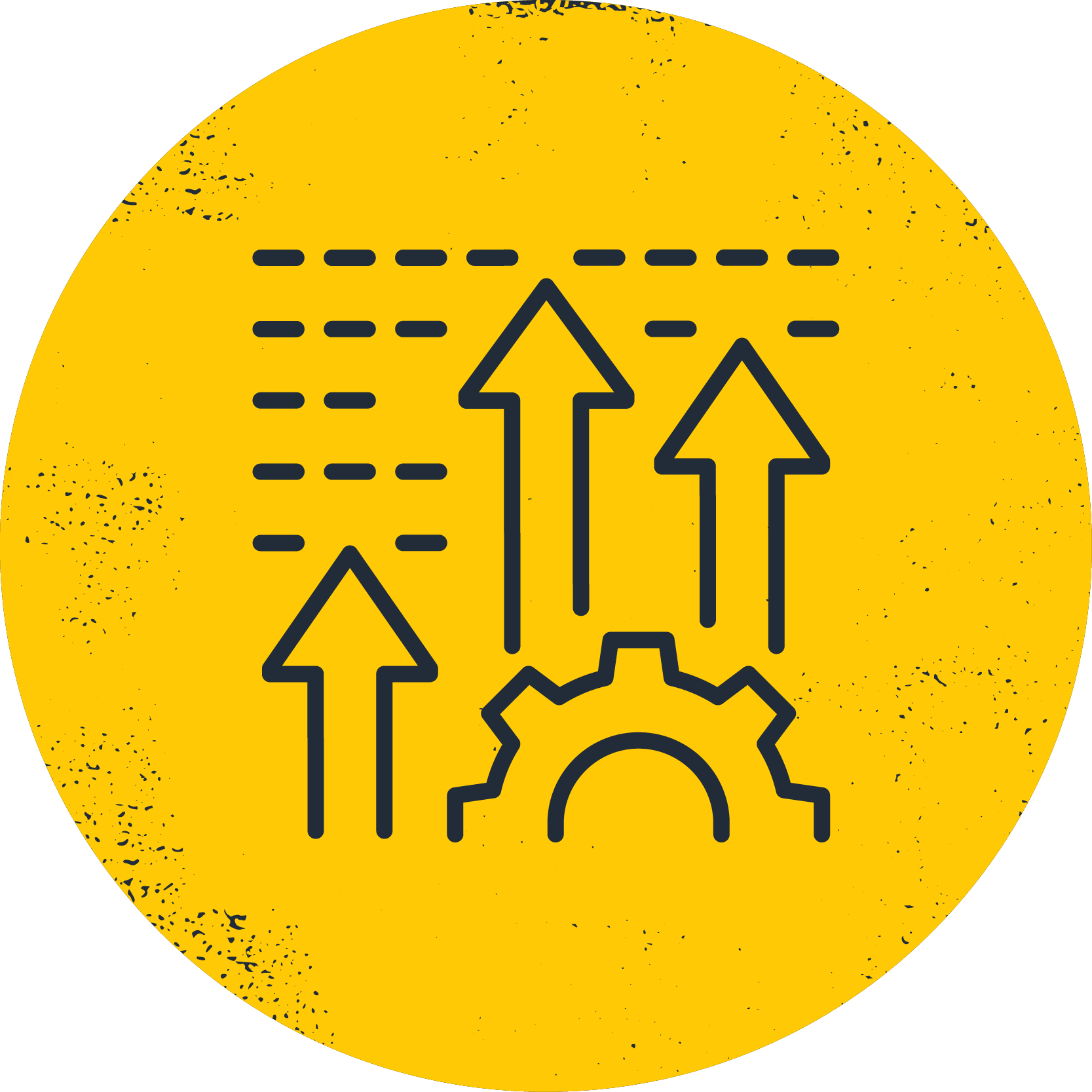 Yellow circular icon with black outline of four upward-pointing arrows, a gear.