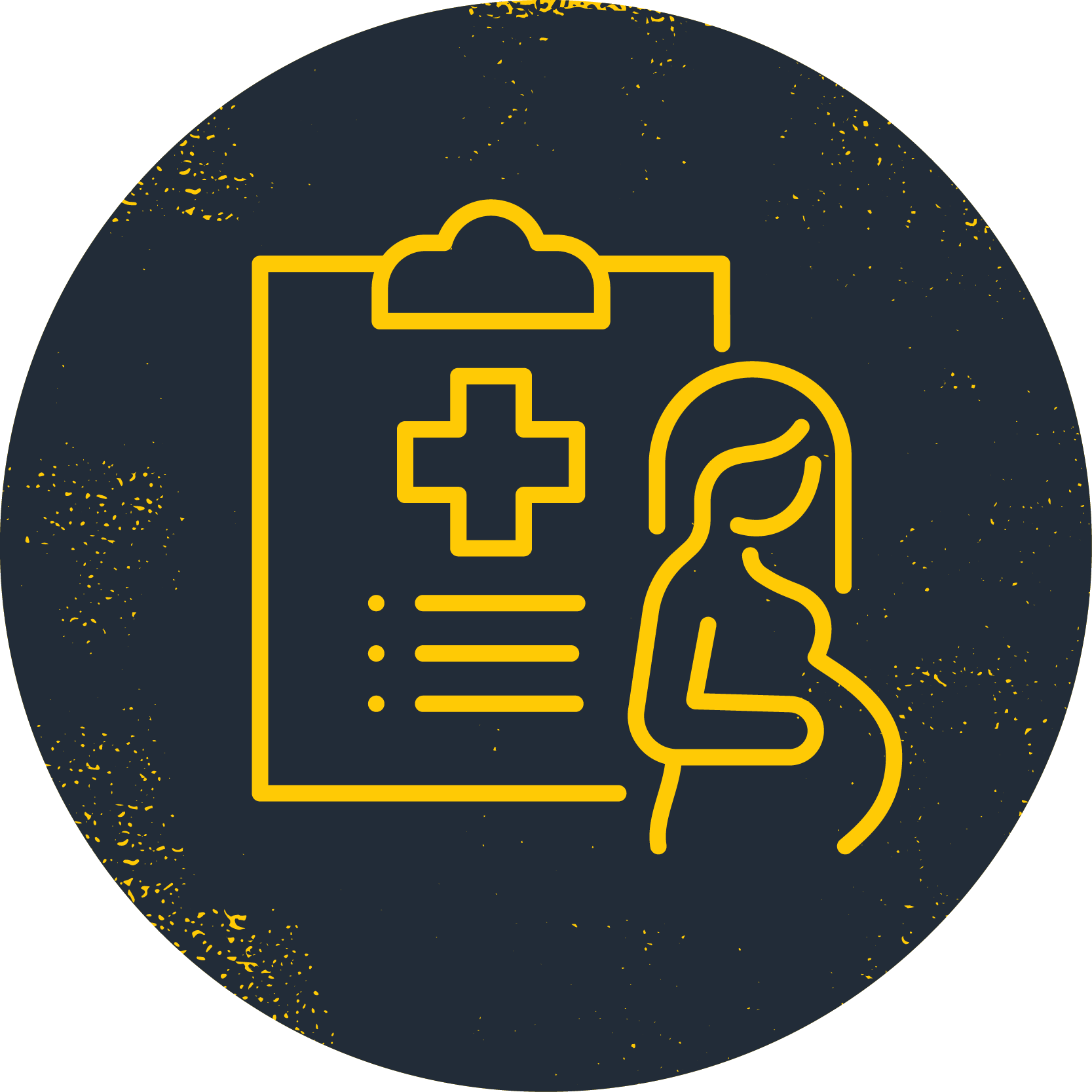 Yellow circular icon of a clipboard and a pregnant woman.