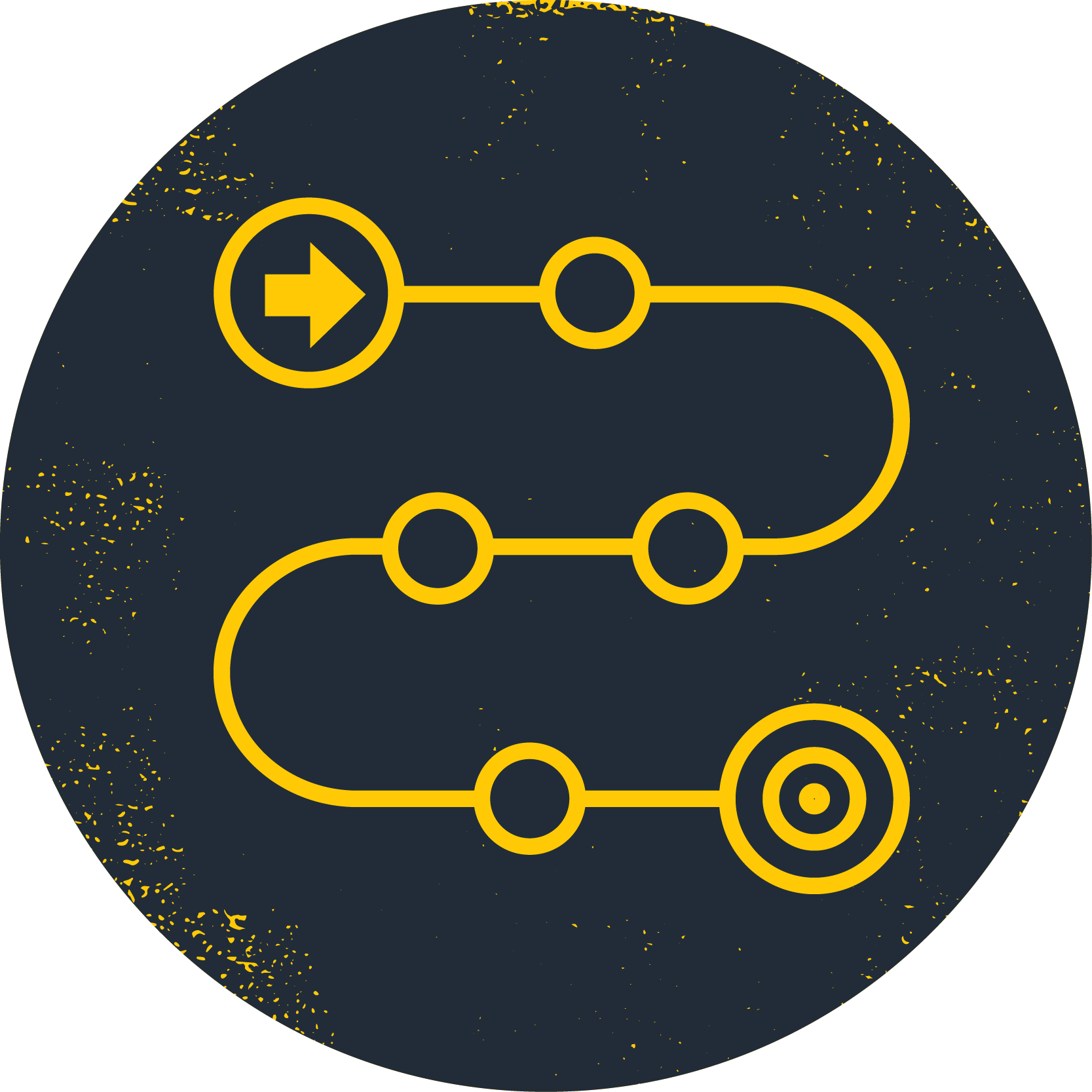 An icon drawn in yellow lines in a dark circular, of a map or diagram, featuring multiple connected circles and a single arrow pointing to the right inside one of the circles.