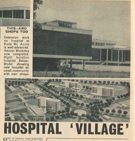 A black and white photograph of a hospital complex with a model of a hospital village, showing buildings labeled 'Outpatients,' 'Children's,' 'Maternity,' and 'Operating Theatre,' with trees and cars around.