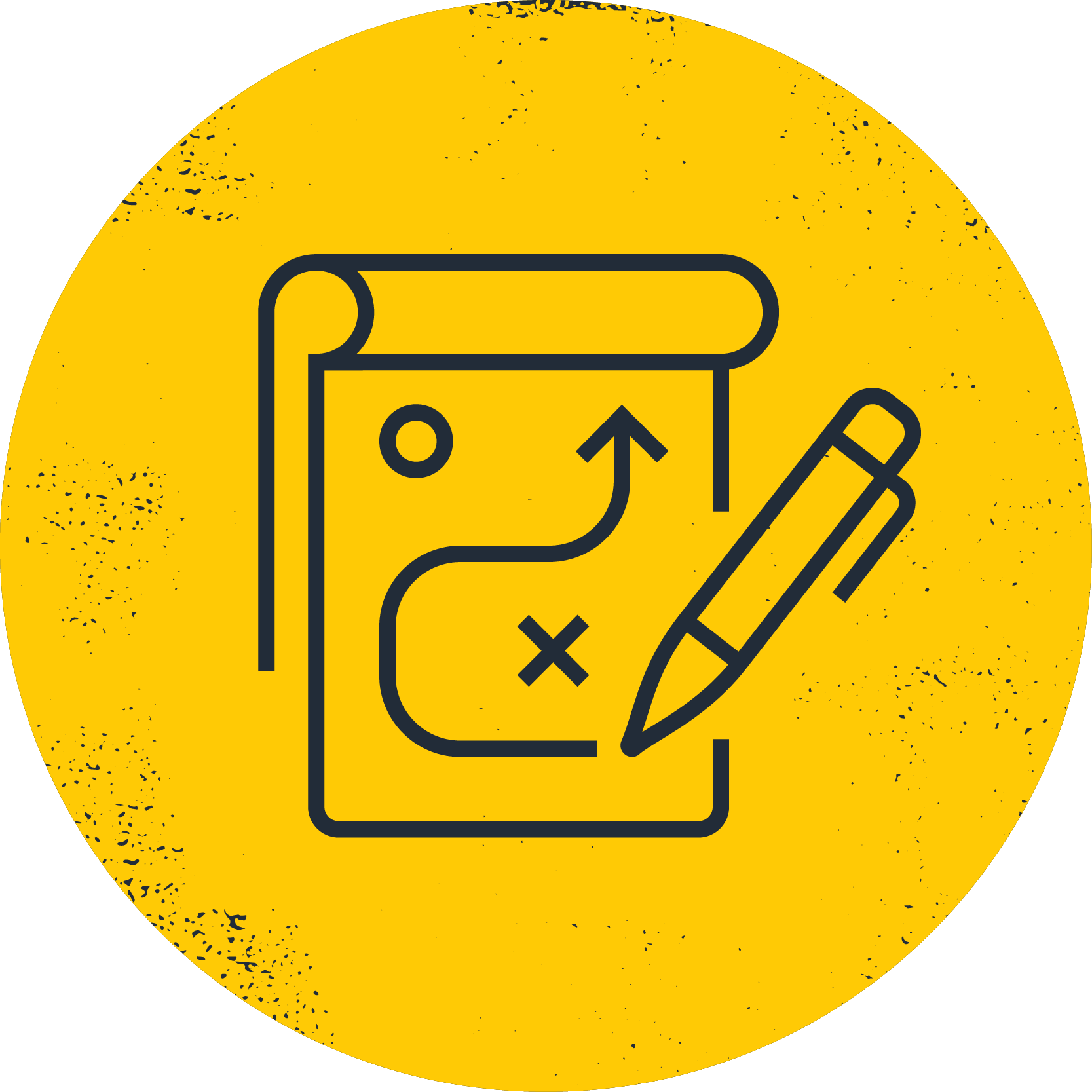 Yellow circular icon with black outline of a notepad, pen, and a small circle and cross symbols.