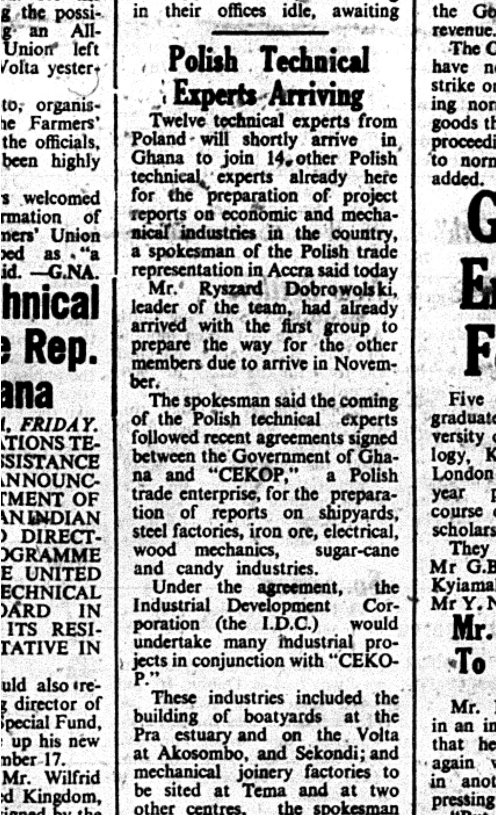 Newspaper article about Polish technical experts arriving in Ghana to work on economic and mechanical projects