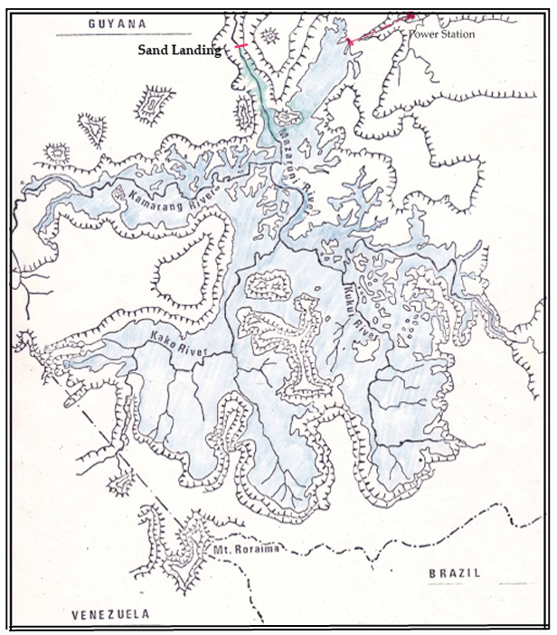 Map of Guyana's river system showing the Kamarang and Kako rivers and Lake Mainstay.