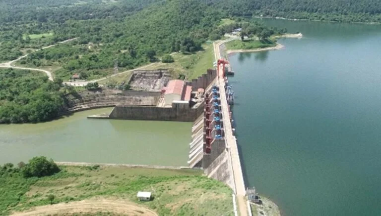 Aerial view of a large dam with spillways and a river, surrounded by green trees and landscape.