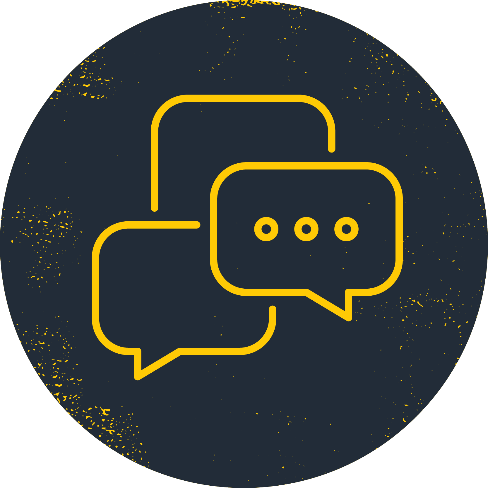 An icon drawn in yellow lines in a dark circular, of two overlapping speech bubbles with three dots inside each.