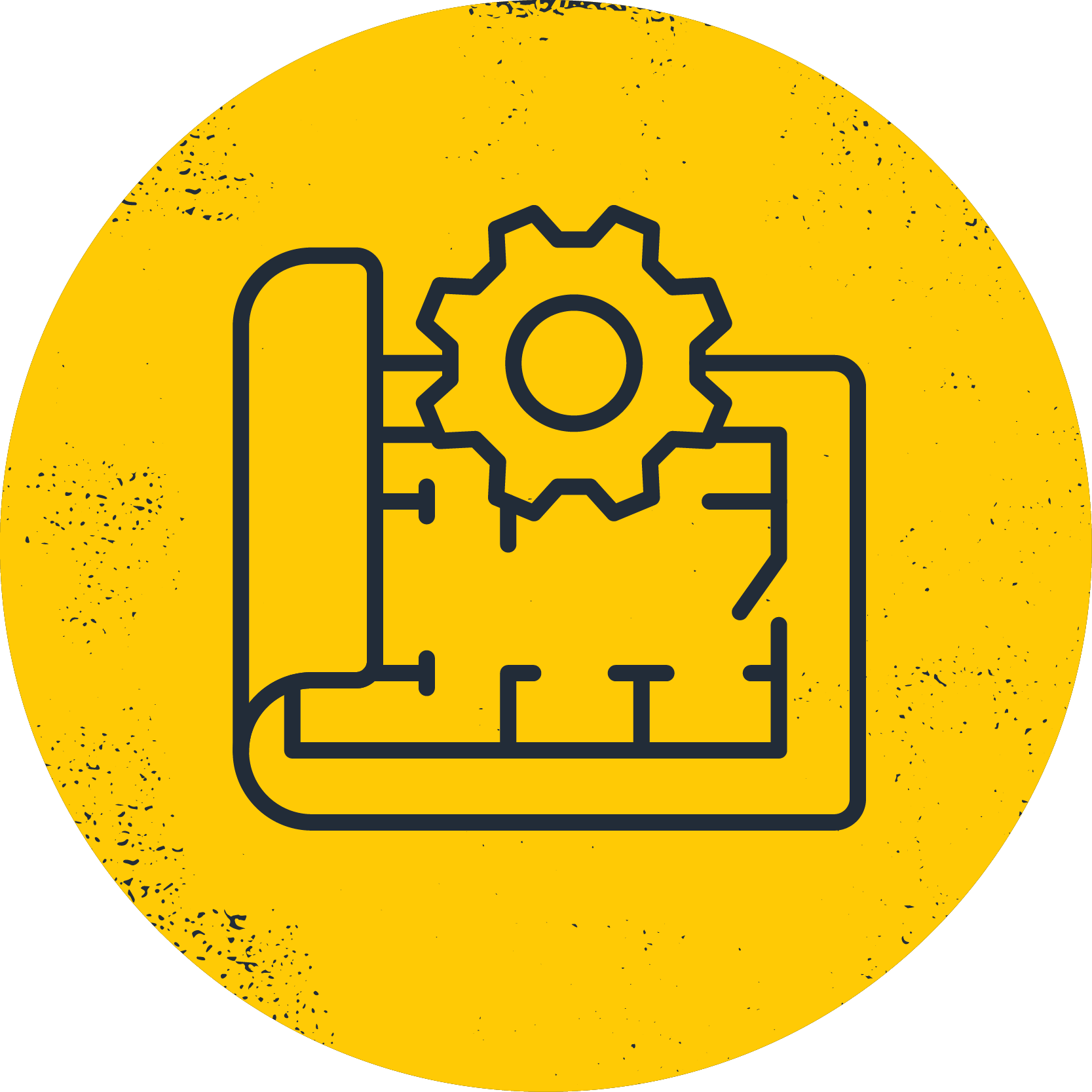 Yellow circular icon with black outlines of a gear and plans, indicating technical configuration and planning