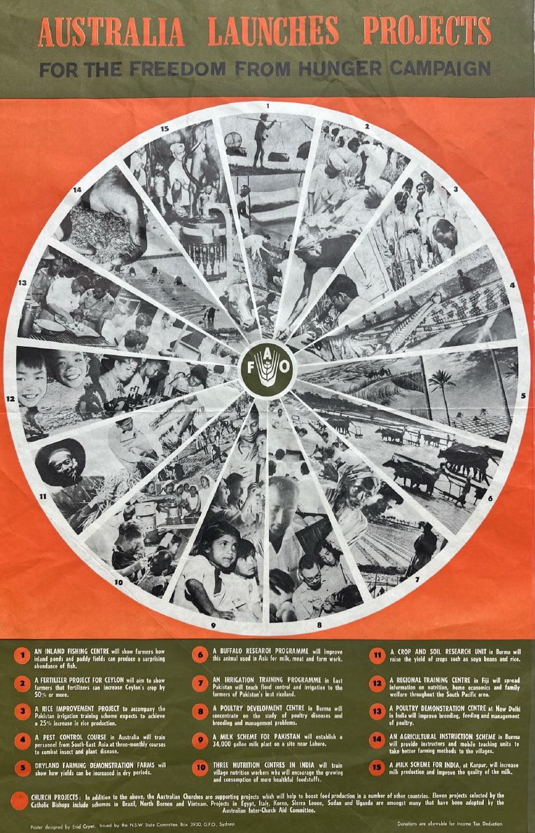 A circular infographic illustrating Australia's launched projects for the Freedom from Hunger Campaign, with black and white photos representing agriculture, education, health, and community development efforts, on an orange and green background.