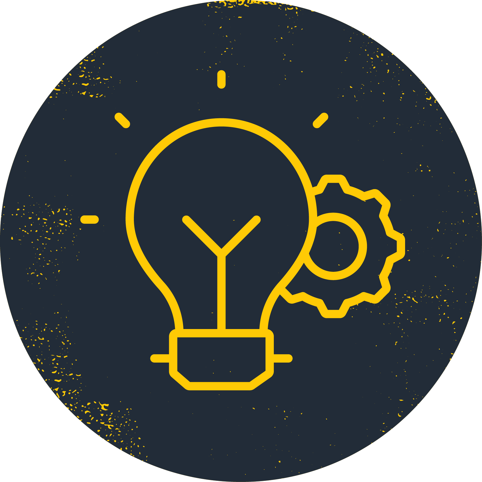 An icon drawn in yellow lines in a dark circular, of a light bulb with a cog outside it, on a dark background with yellow speckles.