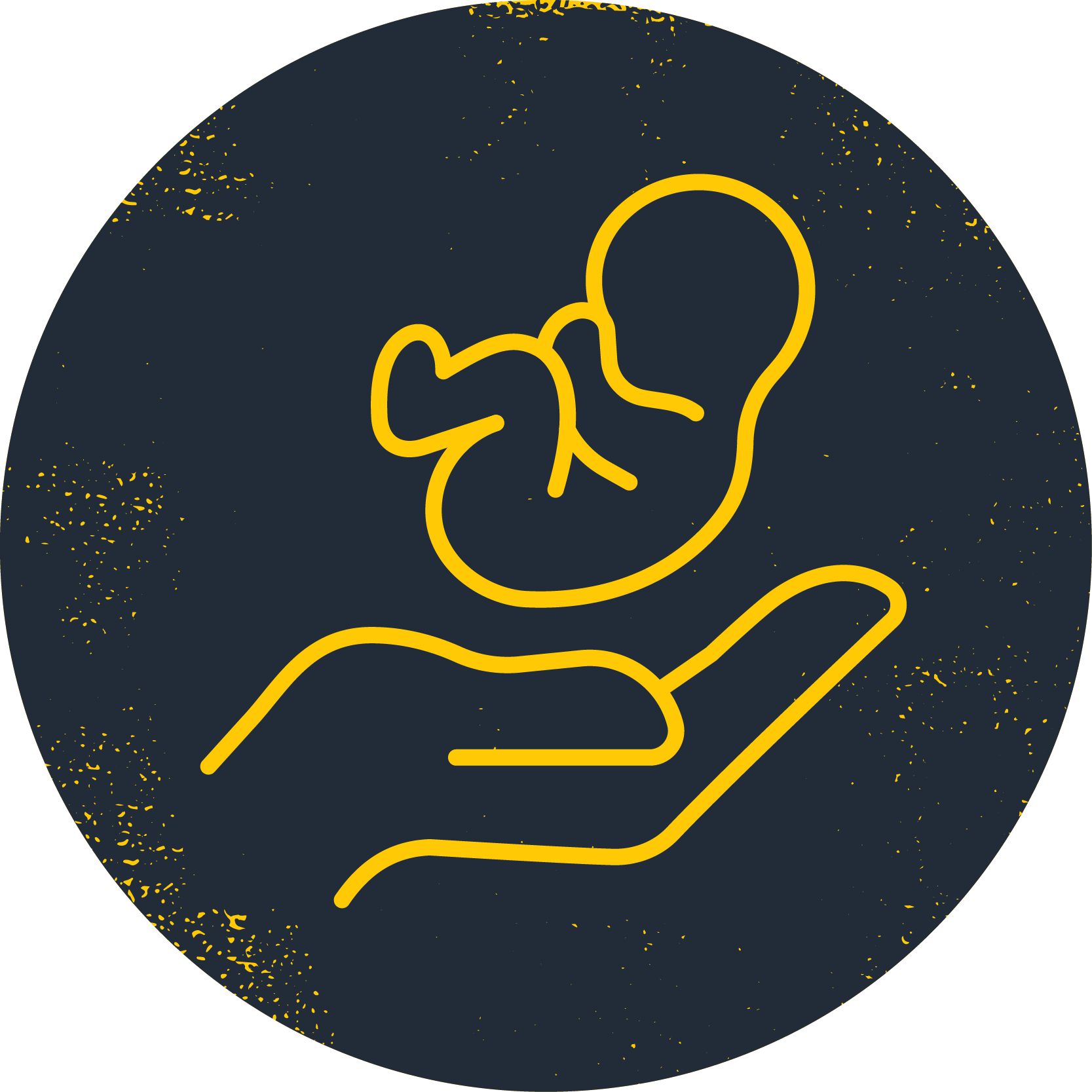 Yellow circular icons of a human hand holding a small fetus.