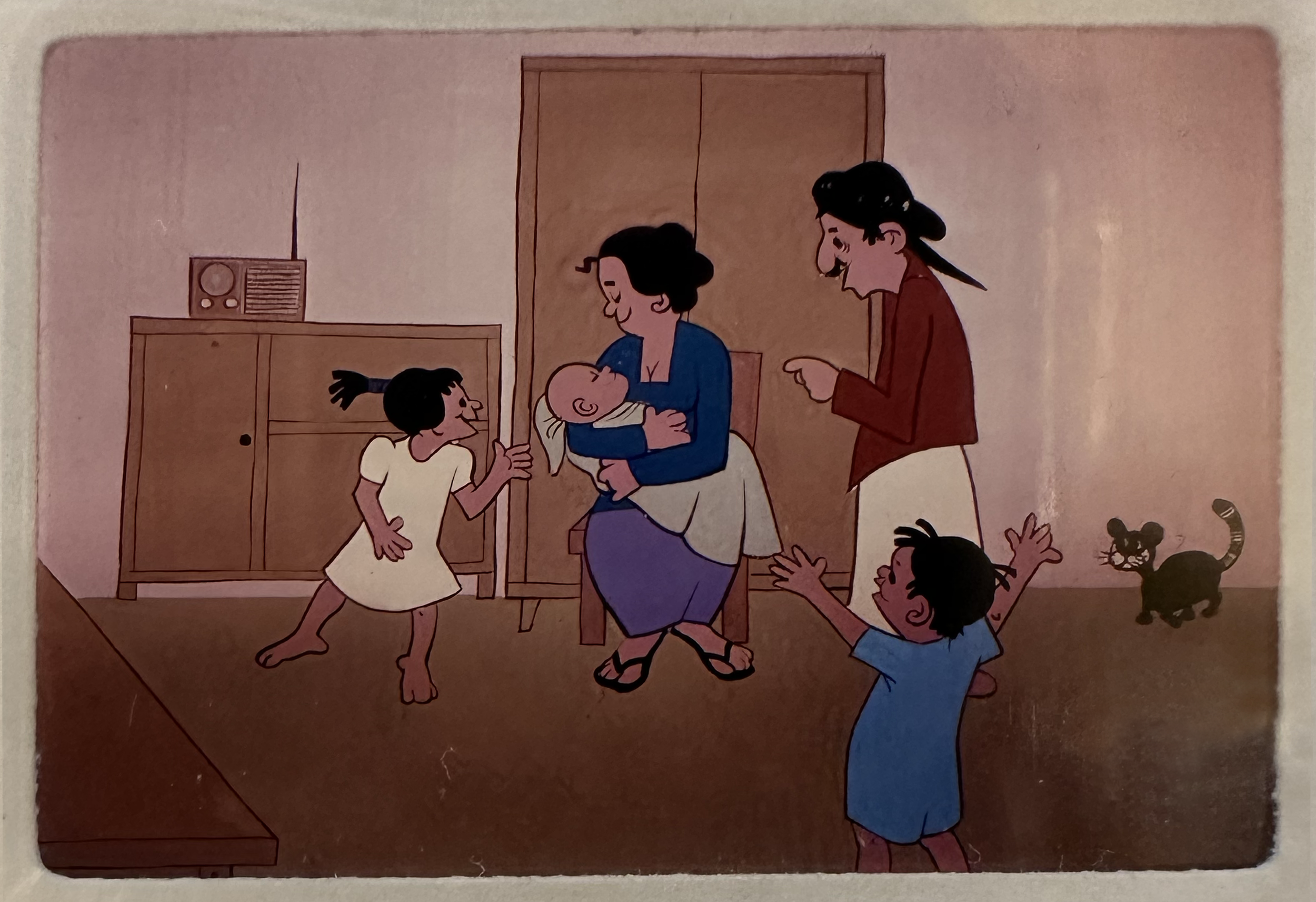 retro looking illustration of a scene of children and adults in a living room, with some children playing and others interacting, the adult has a baby in her arms.