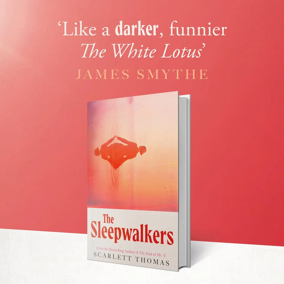 The cover of a book titled 'The Sleepwalkers' by Scarlett Thomas, featuring a pink and orange gradient background with a silhouette of a person in a tree reflected in water.