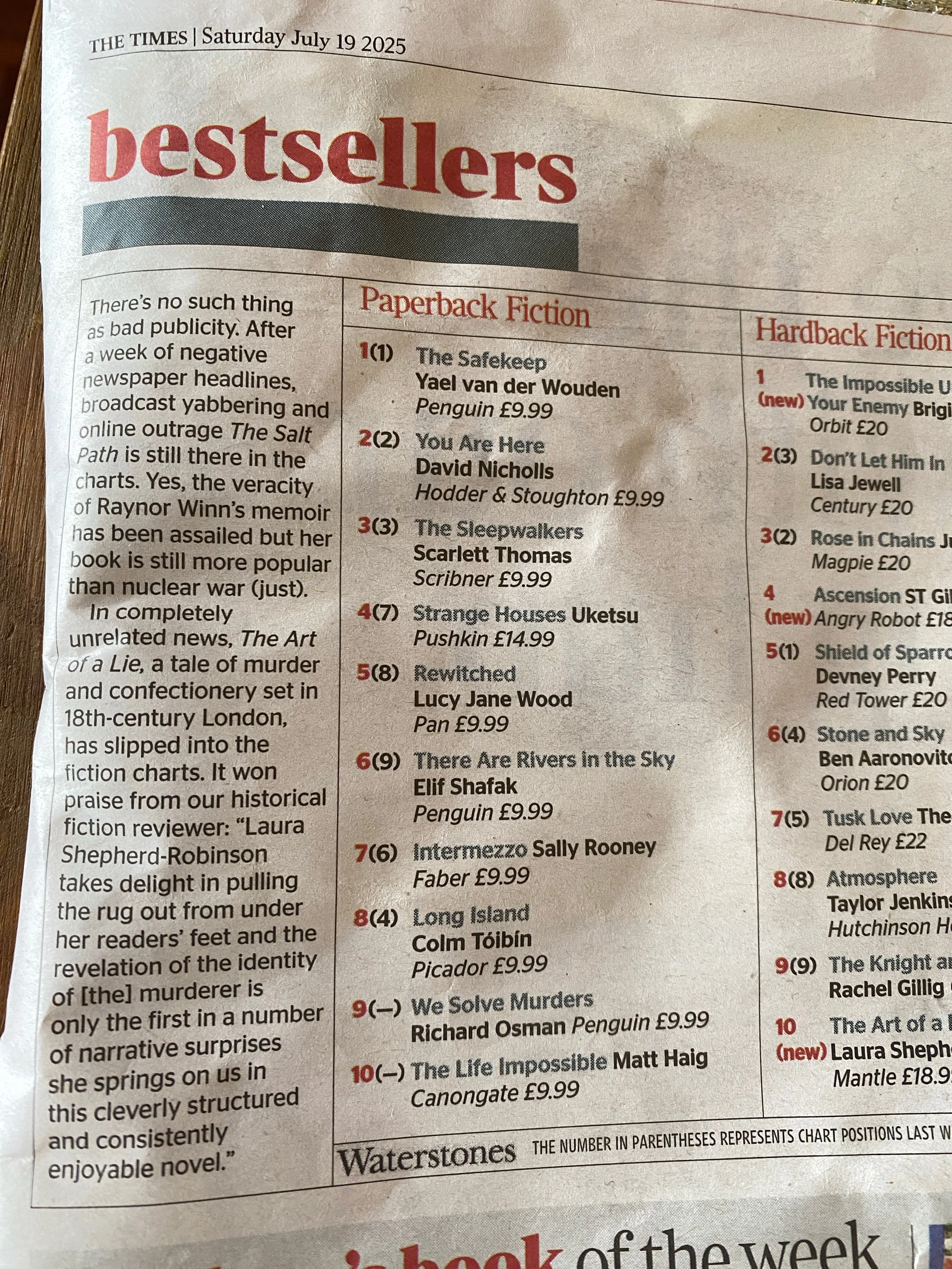 A newspaper page with the date July 19, 2025, featuring a list of bestselling books in paperback fiction and hardback fiction.
