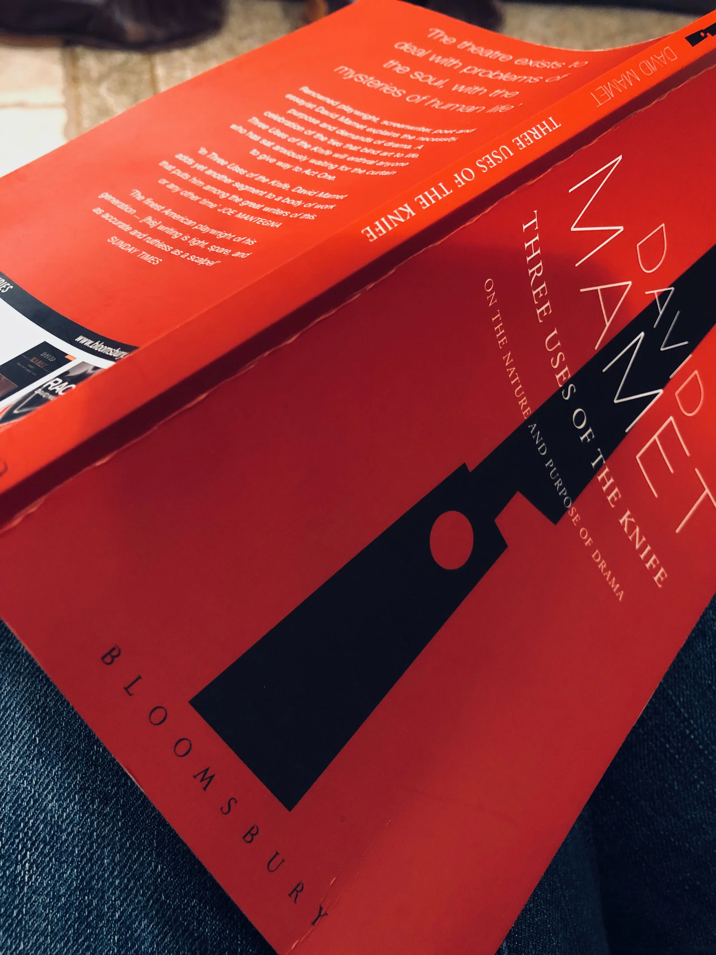Close-up of a red brochure or book cover titled "The Death of the Knife" by Bloomsbury, with the subtitle "Three Uses of the Knife," featuring a graphic of a keyhole and some text on the inside pages.