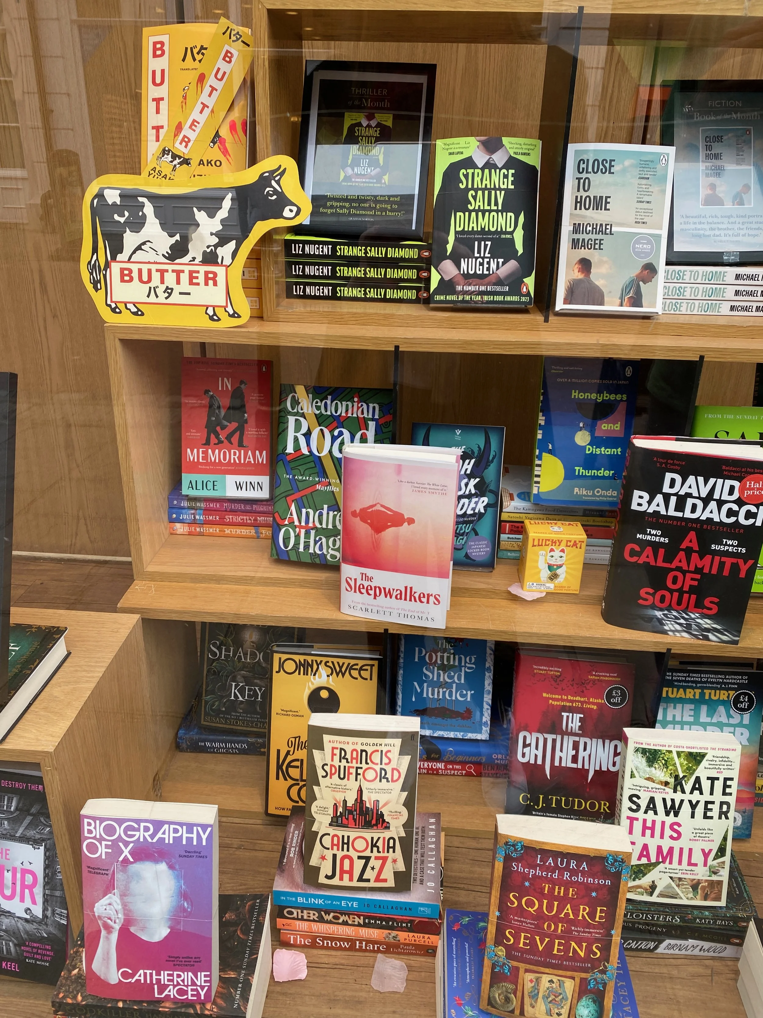 Books arranged on a wooden bookshelf, including titles like 'Strange Sally Diamond,' 'The Sleepwalkers,' and 'A Calamity of Souls,' with decorative signs such as a cow-shaped sign labeled 'Butter' and smaller signs for books and authors.