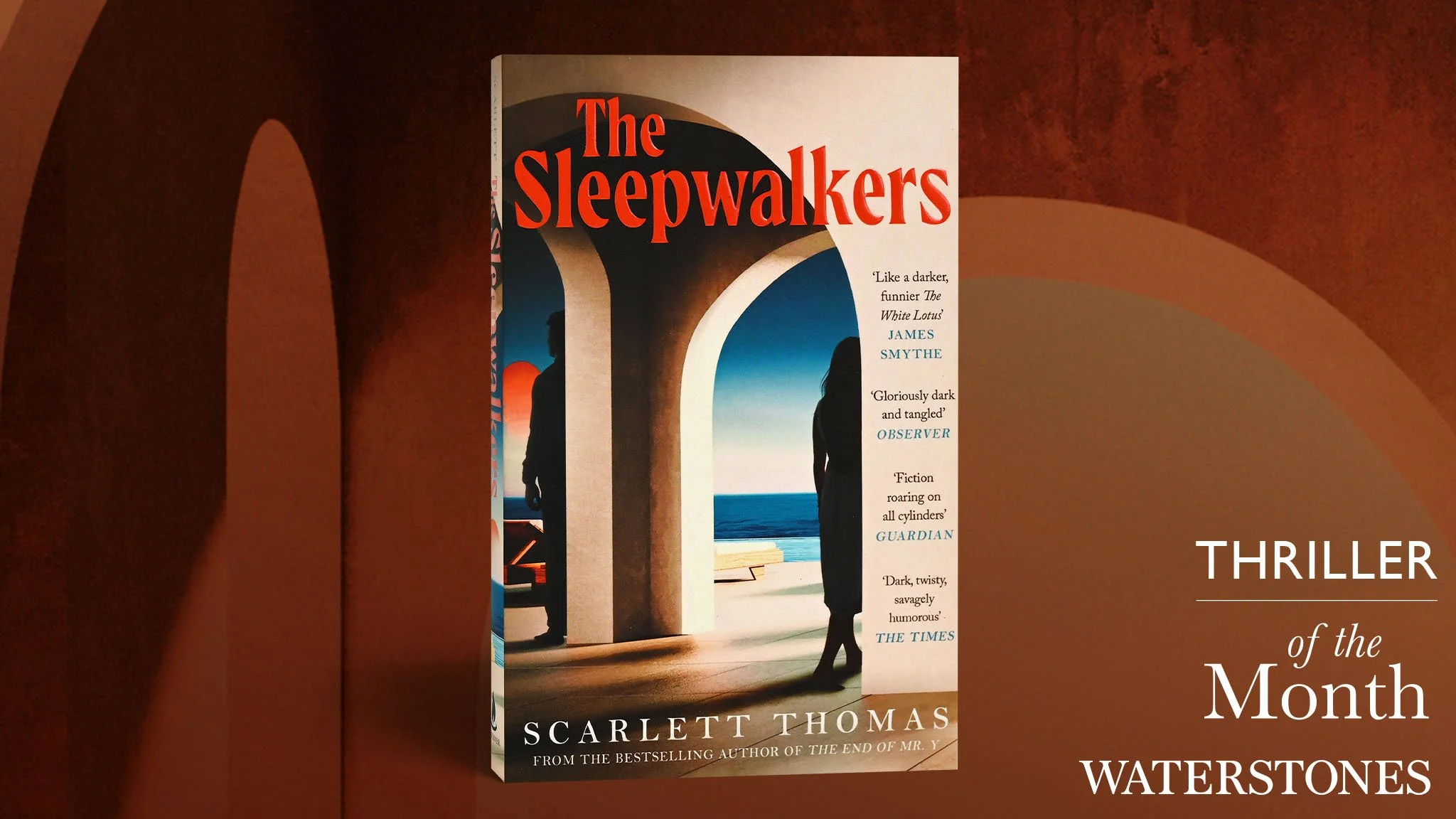 Book cover for 'The Sleepwalkers' by Scarlett Thomas, featuring an illustration of people walking through arched doorways with ocean and sky in the background, and quotes from reviews.