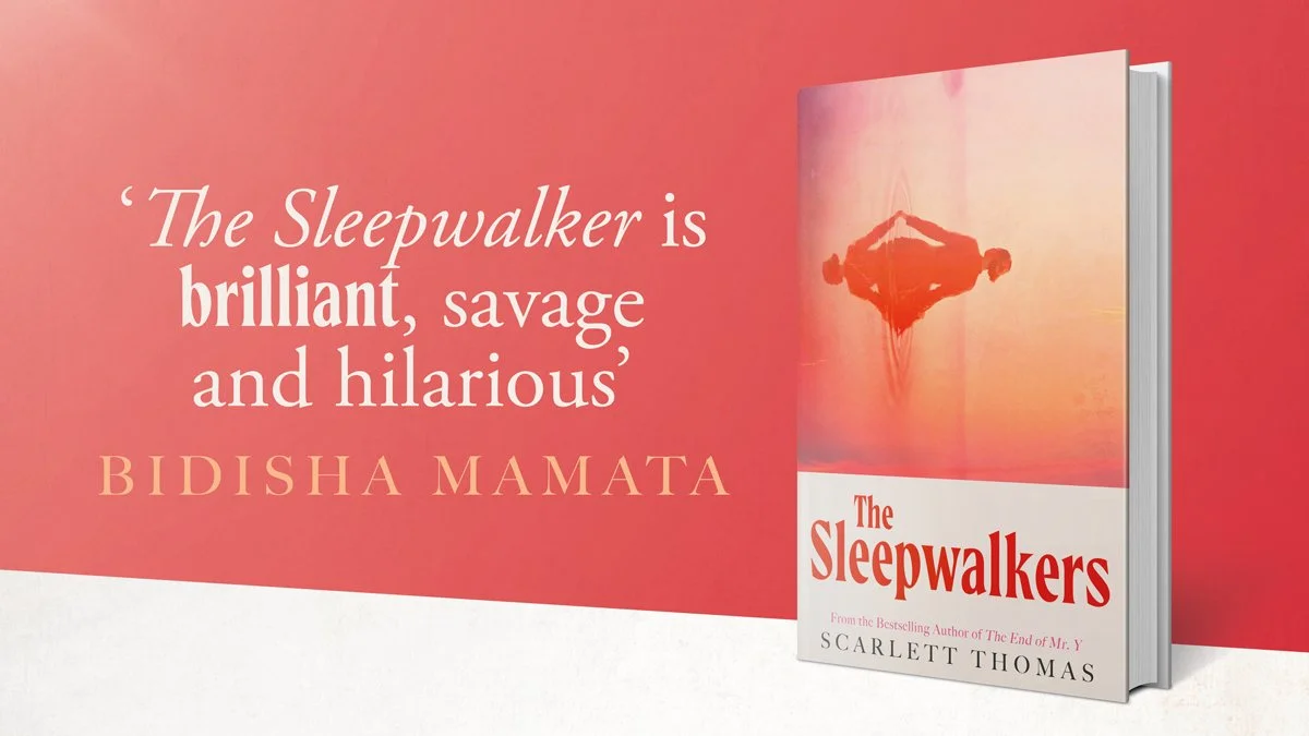 Book cover of 'The Sleepwalkers' by Scarlett Thomas, with a sunset or sunrise background and a floating boat.