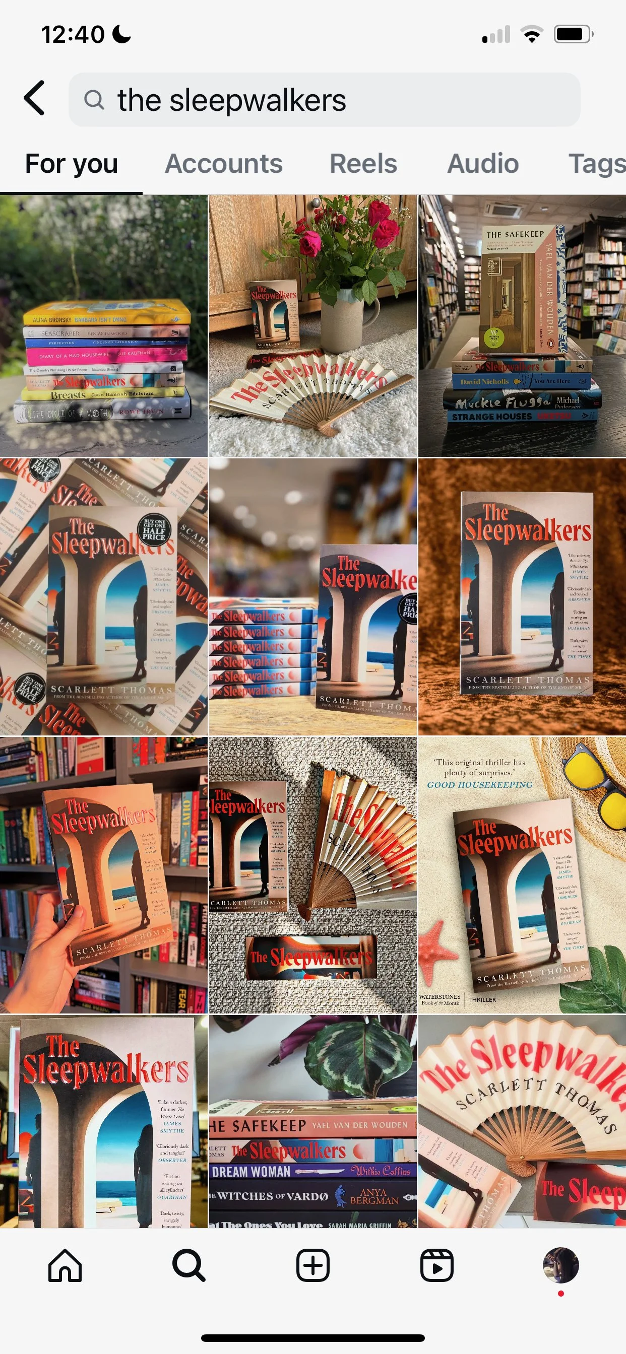 A collage of multiple photos featuring the book titled "The Sleepwalkers" by Scarlett Thomas, including copies of the book, a book display, and related objects like a fan and flowers.