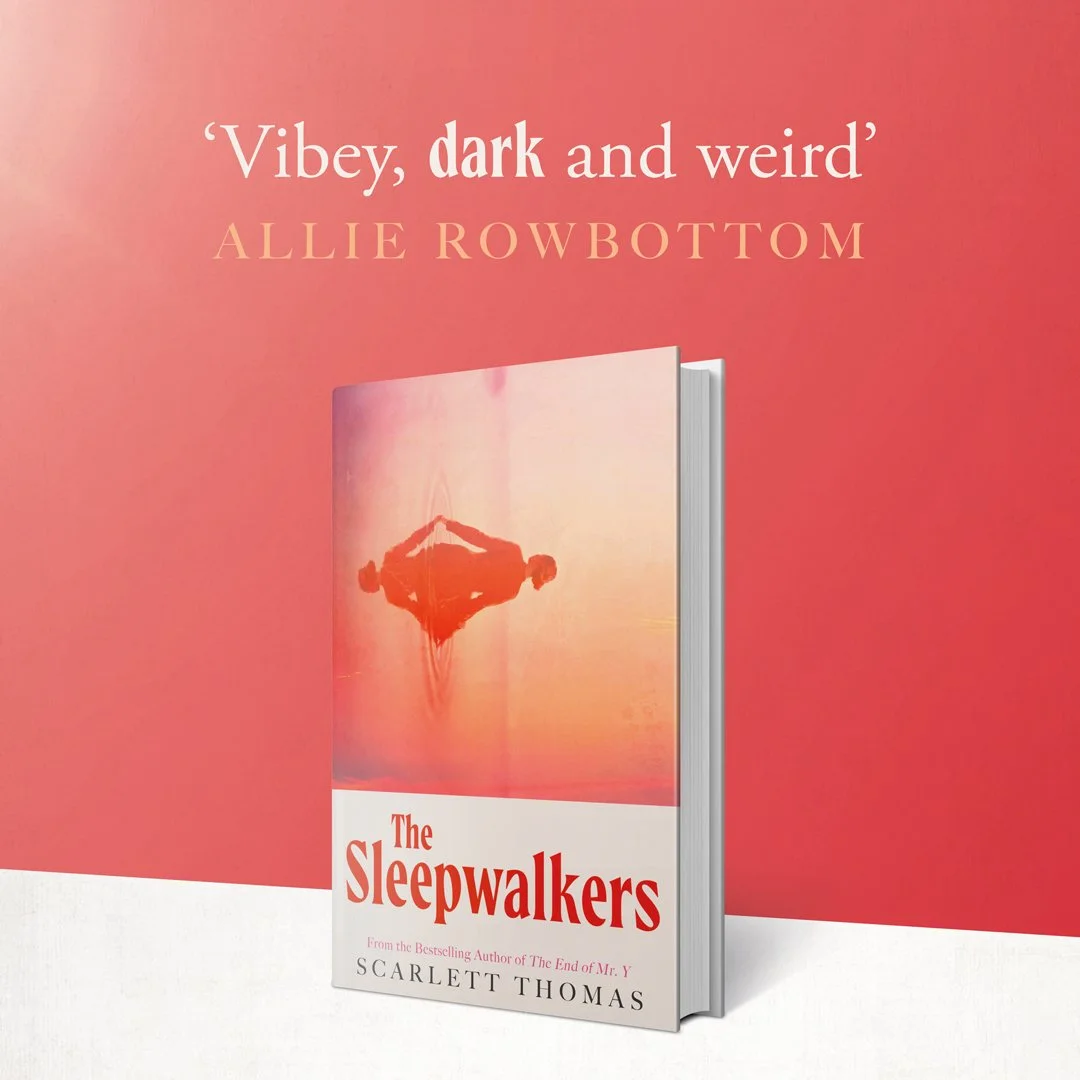 Book cover for 'The Sleepwalkers' by Scarlett Thomas, with the title and author's name, and an illustration of a person walking on water at sunset.