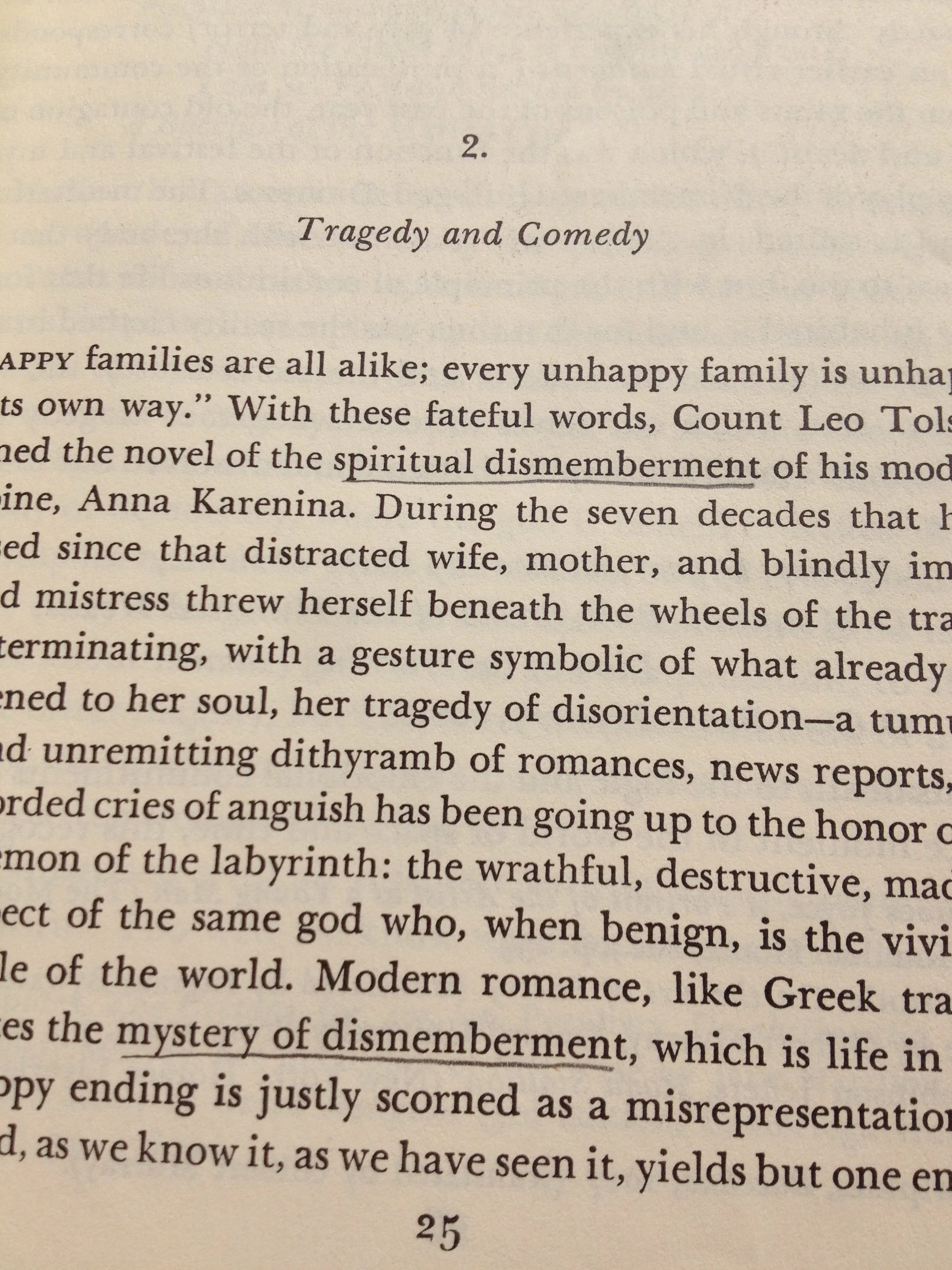 Book page discussing tragedy and comedy, mentioning the novel 'Anna Karenina' and the concept of dismemberment in a philosophical or literary context.