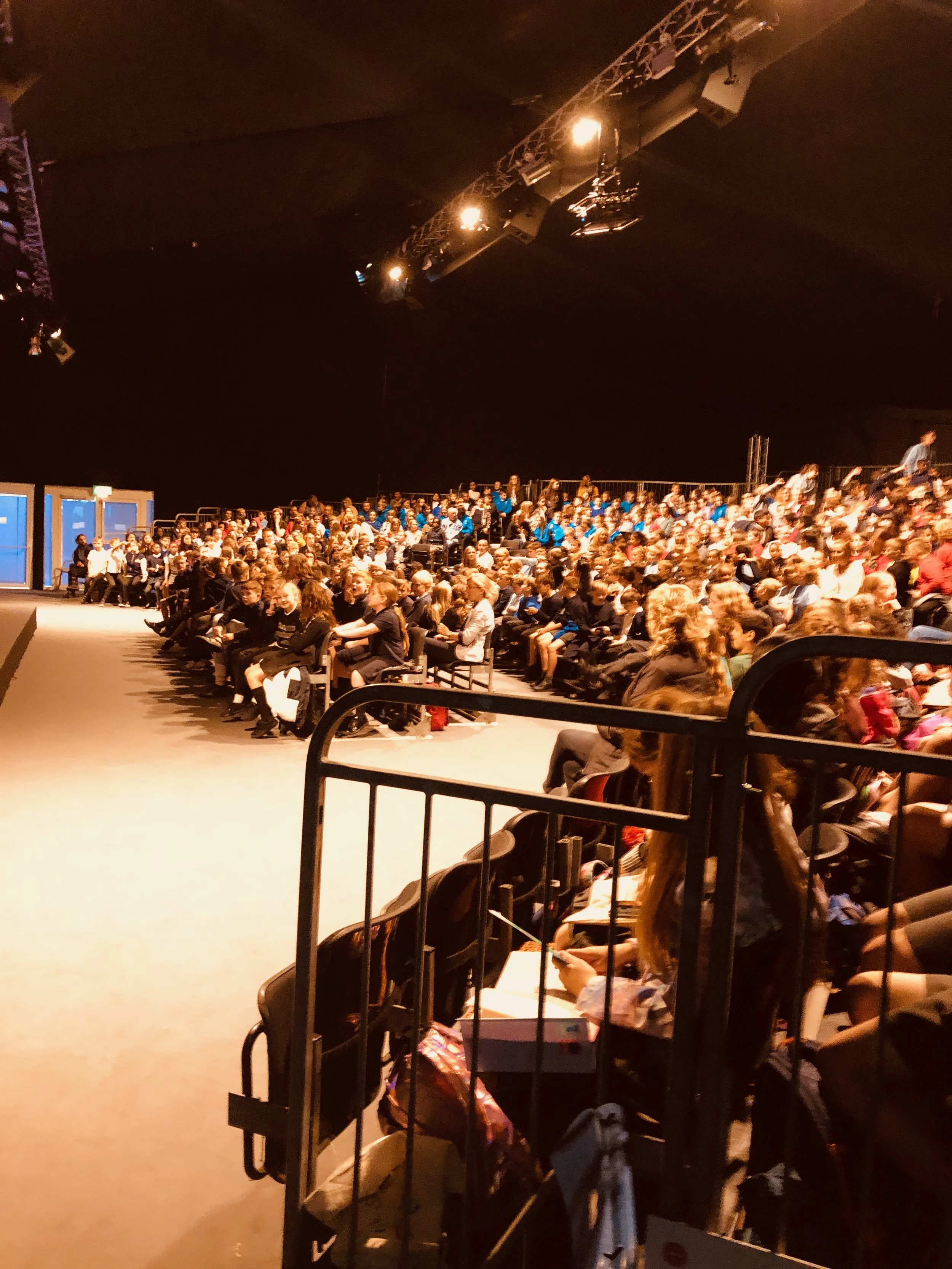 Audience of children and adults seated in an auditorium or theater, waiting for a performance or event to start.