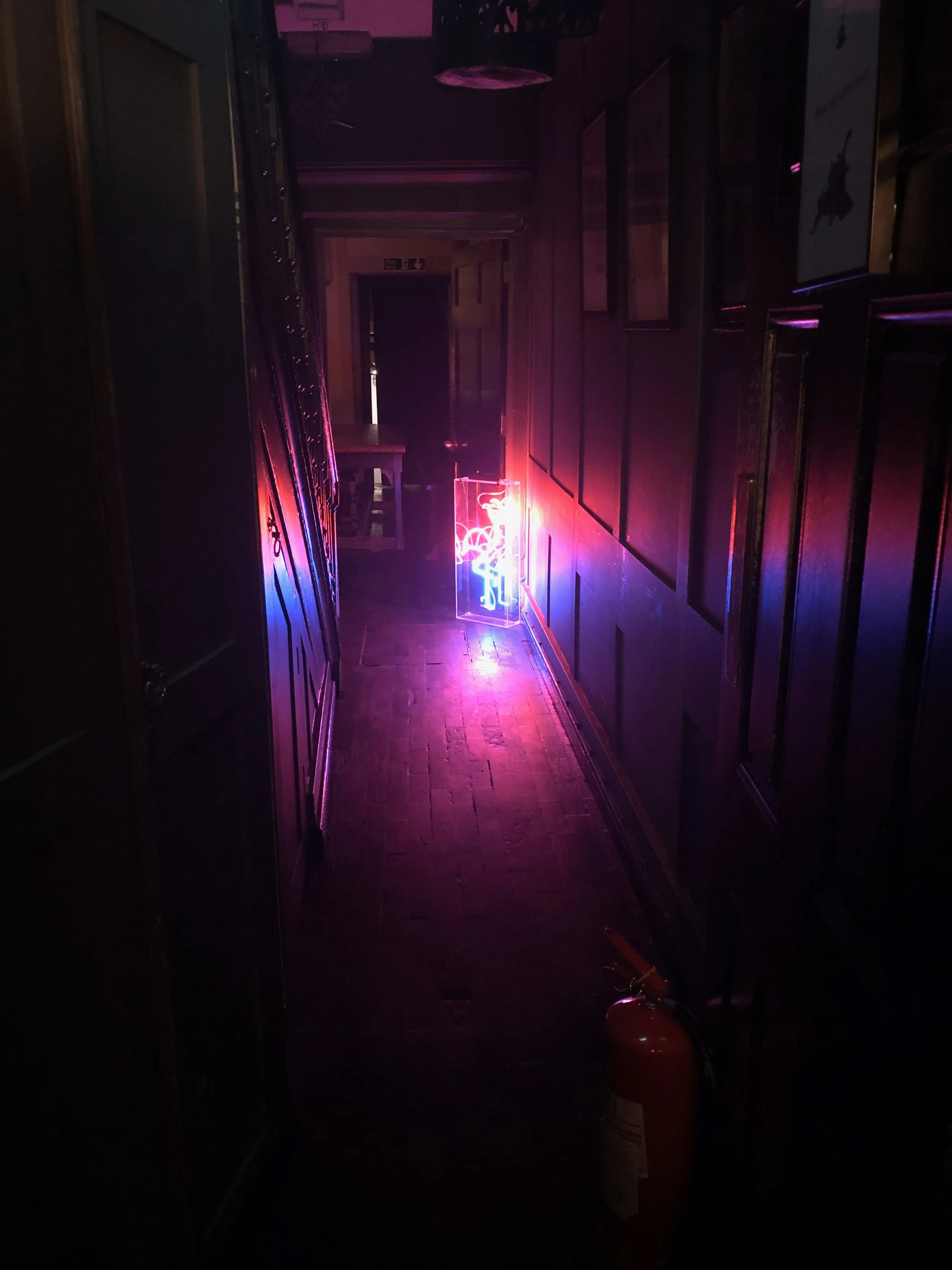 Dimly lit hallway with dark wooden paneled walls, illuminated by a neon sign emitting pink, purple, and blue lights, with a fire extinguisher on the floor in the foreground.